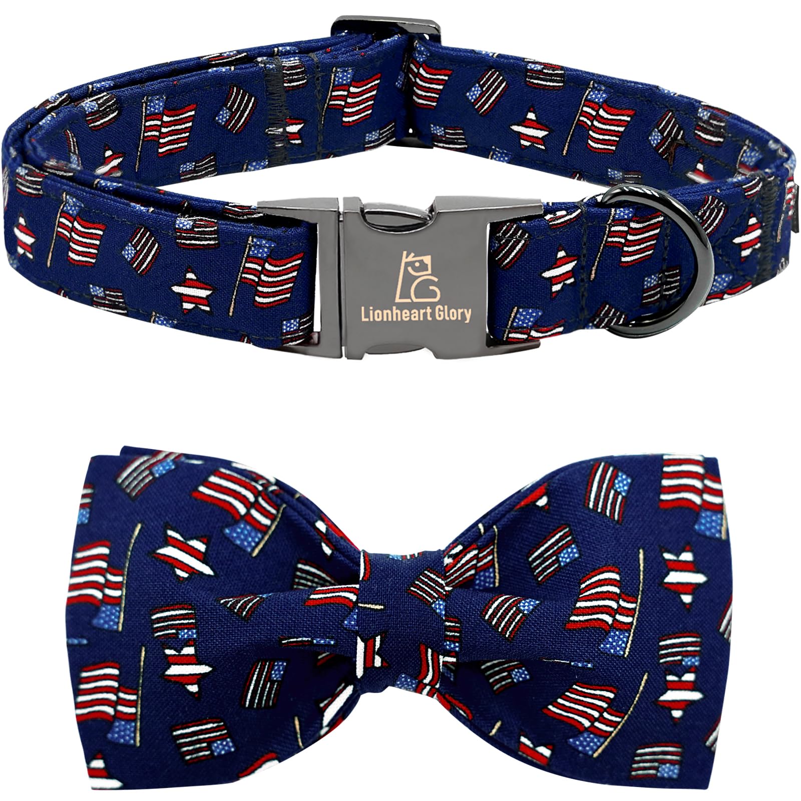 Lionheart gloryAmerican Flag Dog Collar 4 of July Dog Bow Collar Independence Day Heavy Duty Adjustable Patriotic Dog Collar with Bowtie for Small Dogs Pet Gift