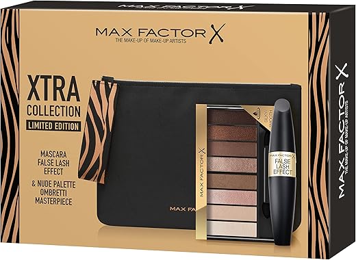 Max Factor, Confezione Regalo Donna Xtra Collection Limited Edition Pochette Jungle Trend con Mascara False Lashes Effect e Masterpiece Nude Palette Ombretti Restage Cappuccino
