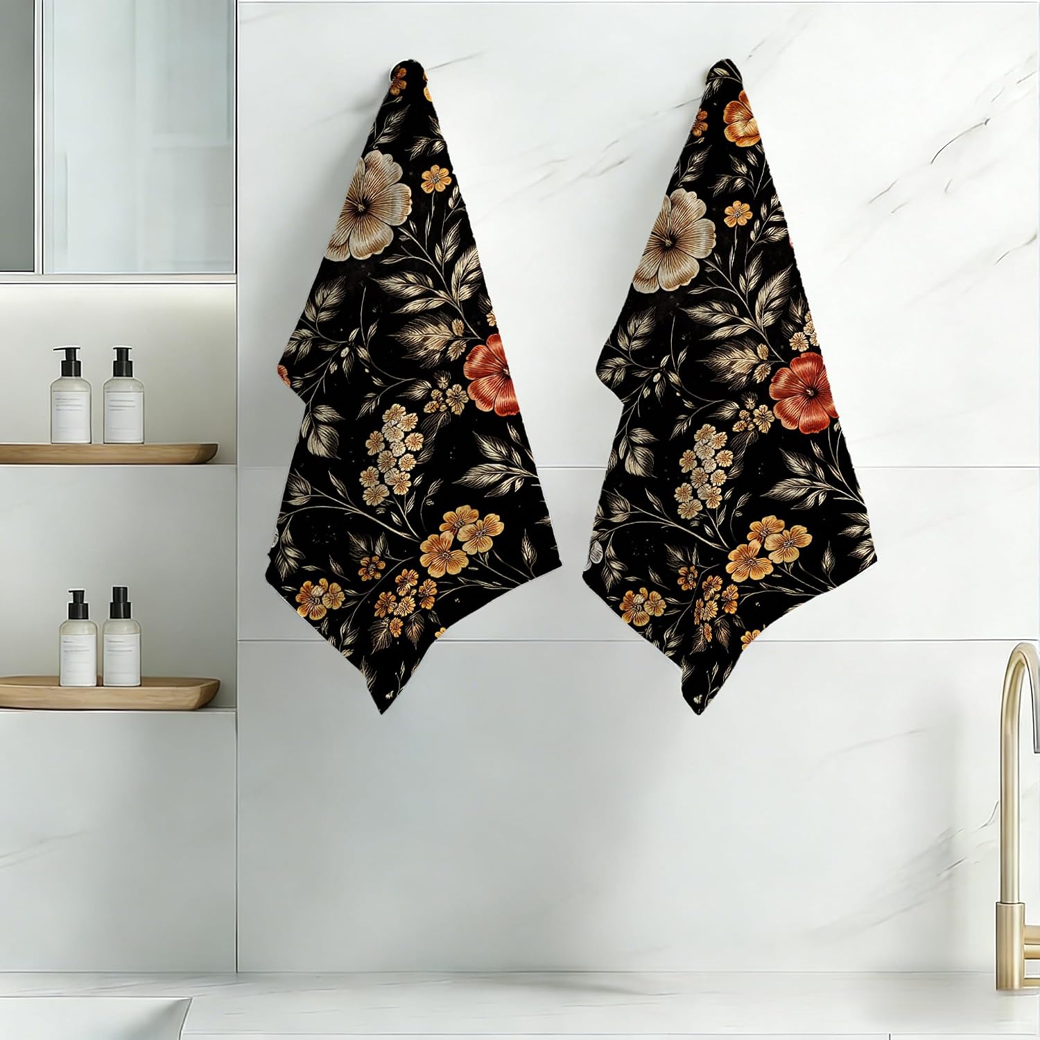 Retro Flowers Kitchen Towels Set of 2,Floral Bathroom Hand Towels 16x24 Inch Absorbent Tea Washcloths for Cleaning Spring Bathroom Decor Kitchen Accessories Gifts