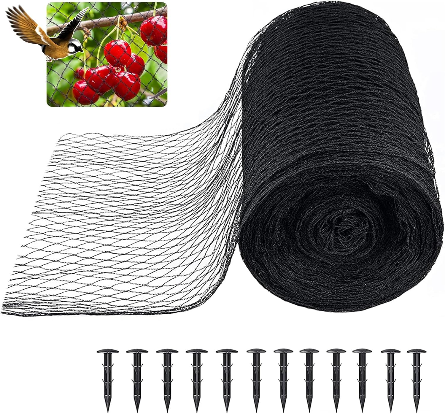 Bird Netting for Garden 40 x 40 FT, Heavy Duty 3/8" Woven Mesh Garden Netting with 12 Stakes, HDPE Anti Bird Net for Fruit Trees Vegetables Blueberry Deer Poultry, Black