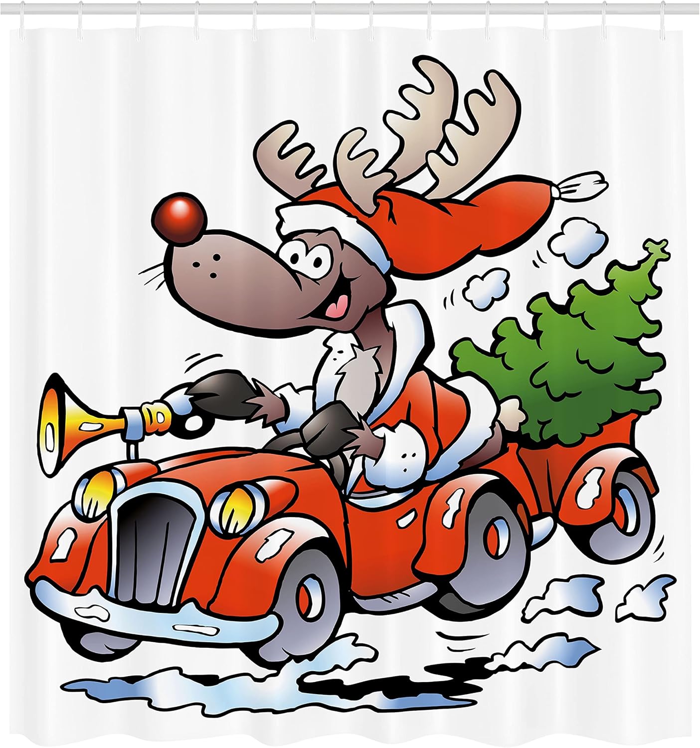 Ambesonne Christmas Shower Curtain, Reindeer Racing in Red Vintage Car with Xmas Tree Horn Santa Hat Winter, Cloth Fabric Bathroom Decor Set with Hooks, 69" W x 75" L, White Red Green