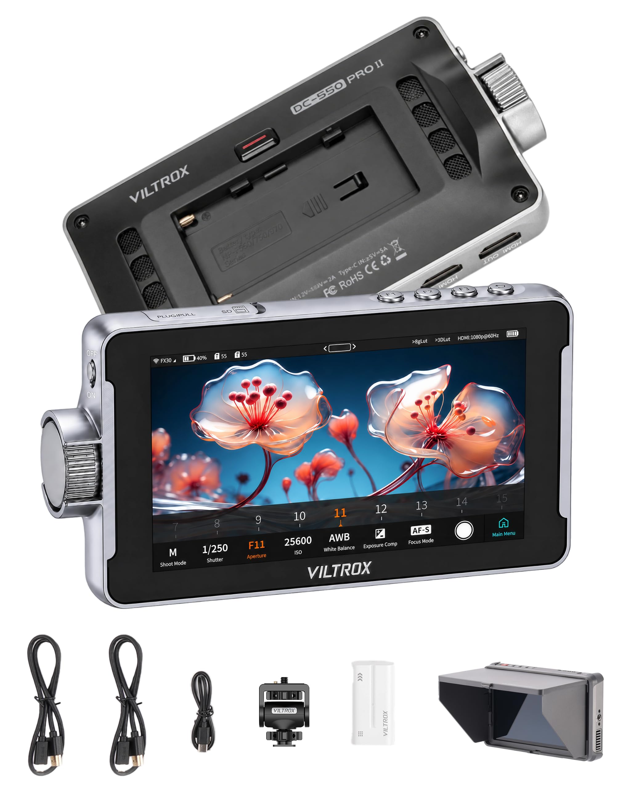 VILTROX Camera Field Monitor Touchscreen Camera Monitor, Full HD 1920x1080 Video Monitoring, 3D Lut, RGB Parade with Sunshade Hood and Battery for Sony Canon Nikon (DC-550 PRO)