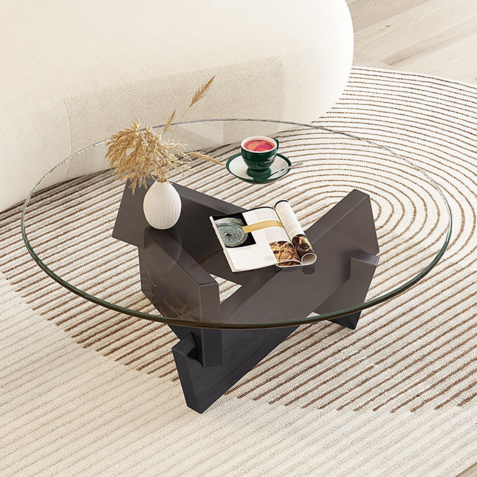 Table basse ronde en verre et bois pour salon moderne