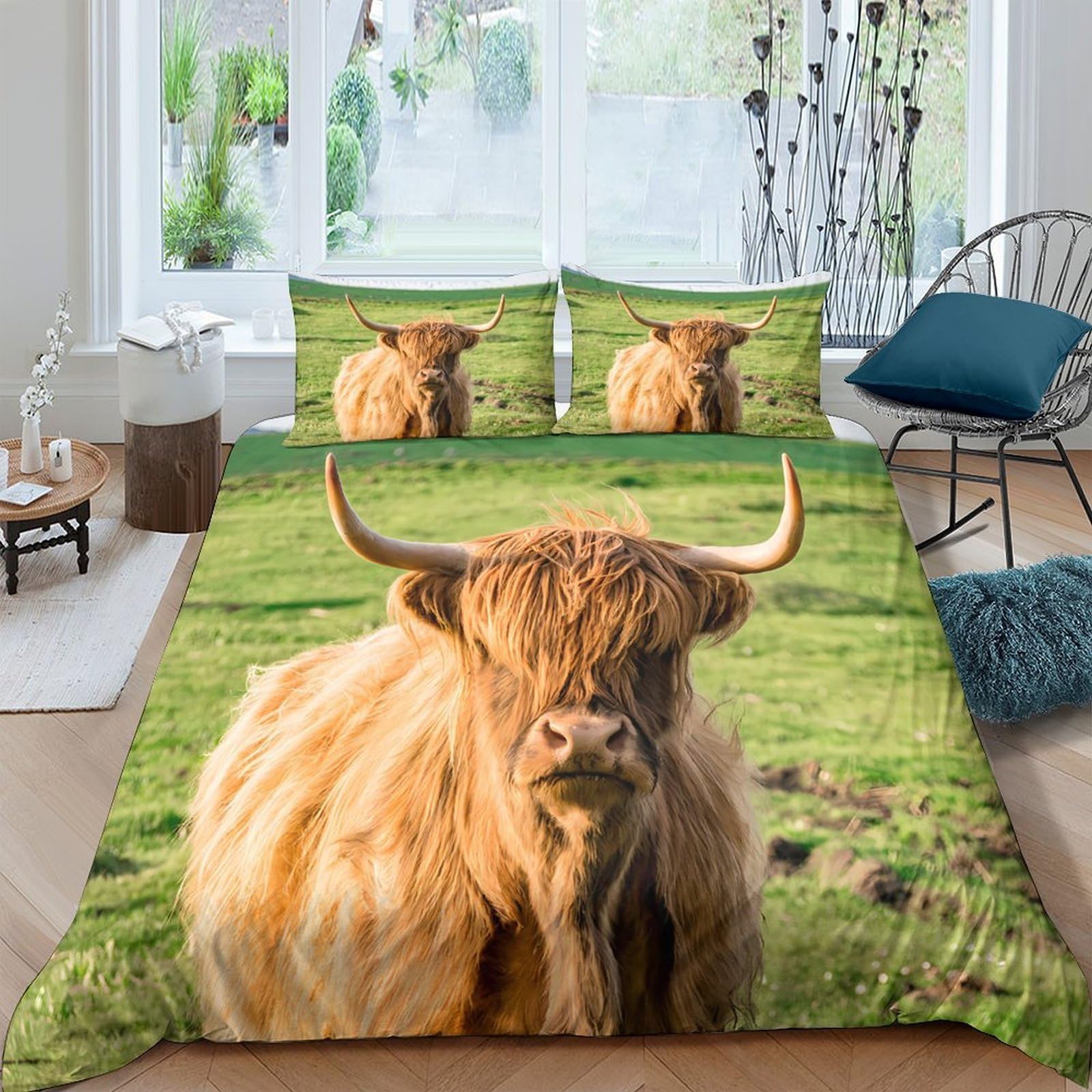 Ctjqhvkz Style-3 3D Printed Highland Cow Fitted Sheet Microfiber Soft Breathable Meadow Bed Cover For Bedroom Guest Room Decor Single（135X200cm）