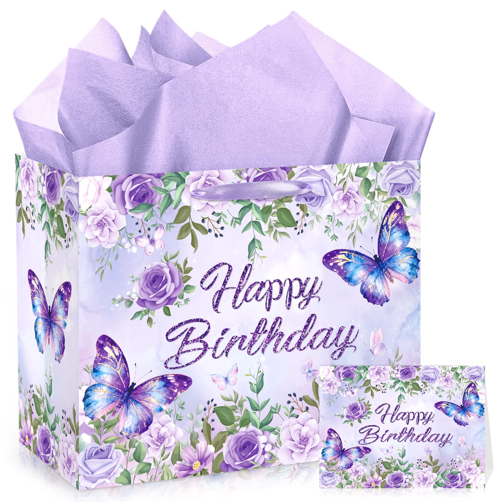 LUUFILx Butterfly Birthday Gift Bag for Girls Women Butterfly Flower Party Favor Bags with Wrapping Paper Card Purple Pink Floral Gift Bag for Baby Shower Birthday Decorations Party Supplies (Floral)