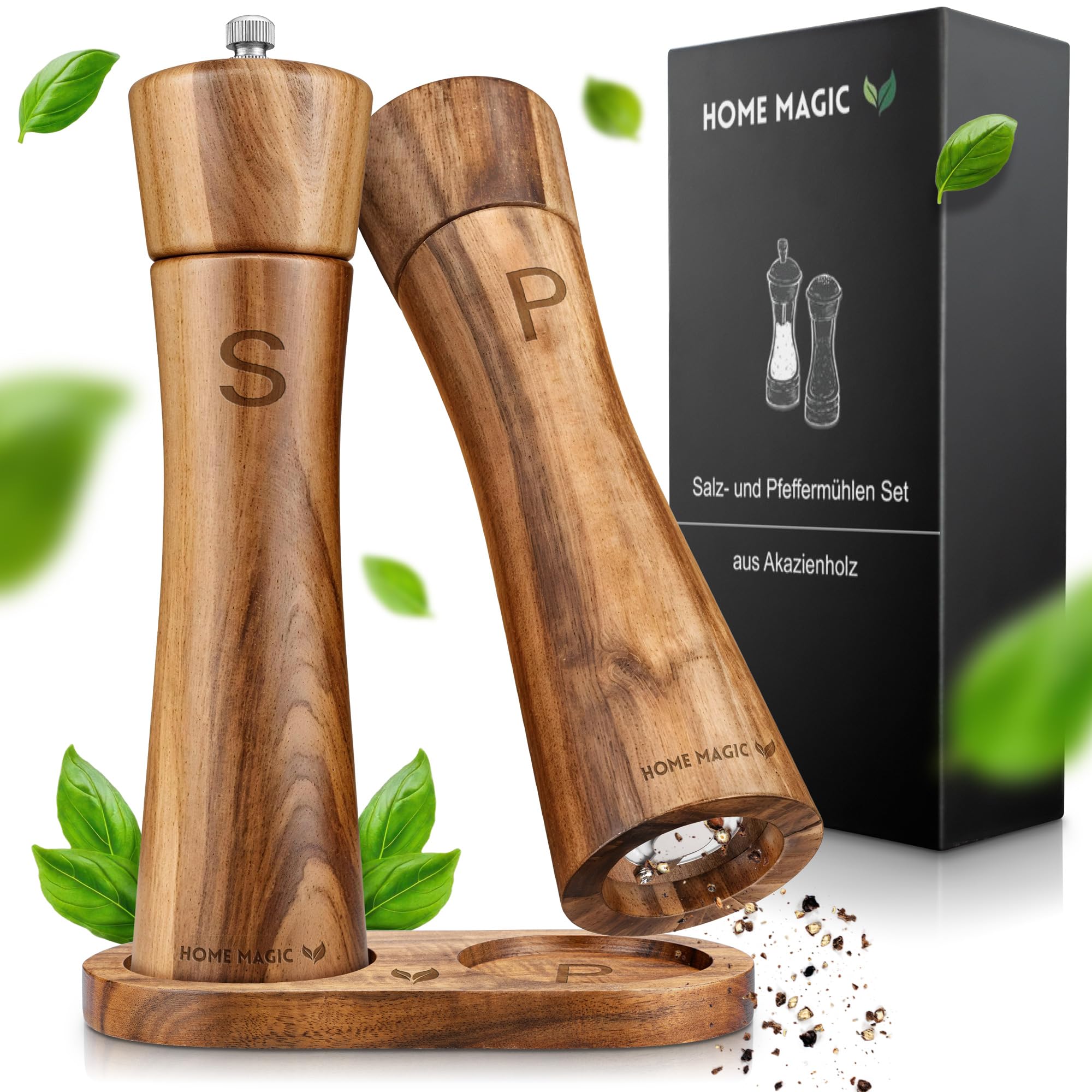 Pfeffermühle Holz – Premium Salz und Pfeffermühle 2er Set aus Akazienholz mit Untersetzer | Hochwertiges Keramikmahlwerk
