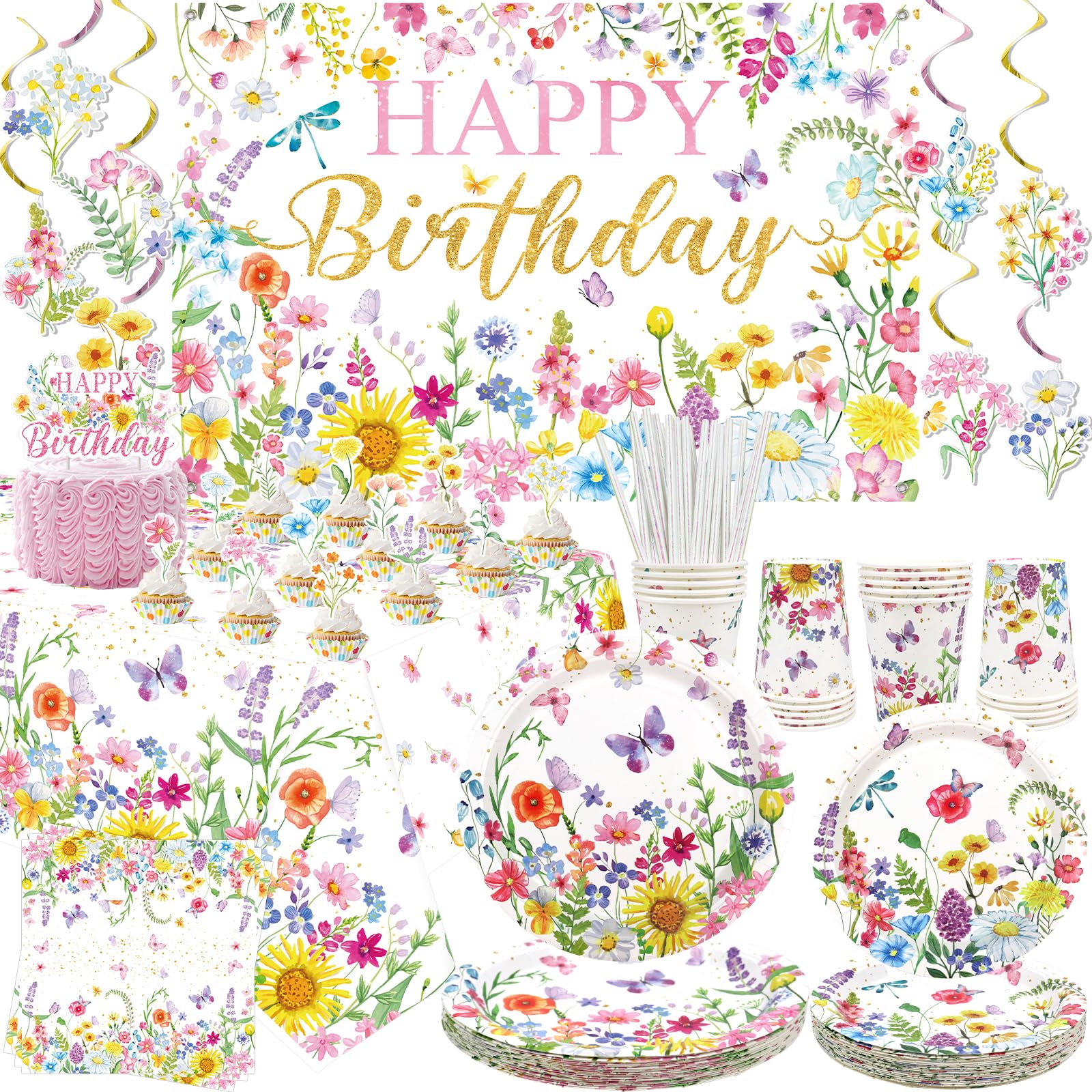 Wildflower Birthday Decorations,Floral Birthday Party Supplies, Plates Cups Napkins Tablecloth Happy Birthday Backdrop Cake Toppers Hanging Swirls for Spring Summer Picnics Weddings Tea Party