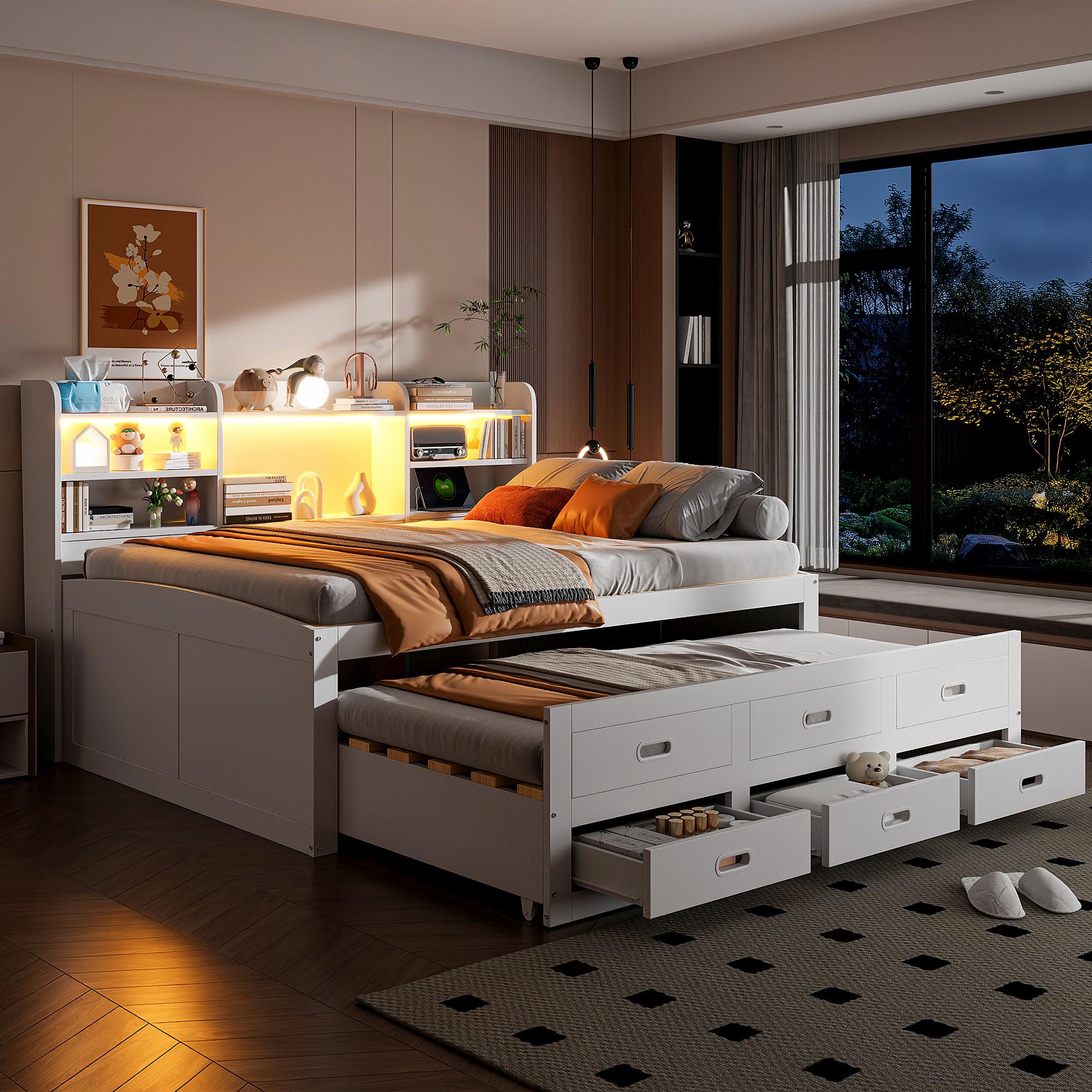 cama de día juvenil 140 x 200 cm con cama nido y 3 cajones, individual LE/D, varios compartimentos y función US/B, tablero de partículas (sin colchón, blanco)