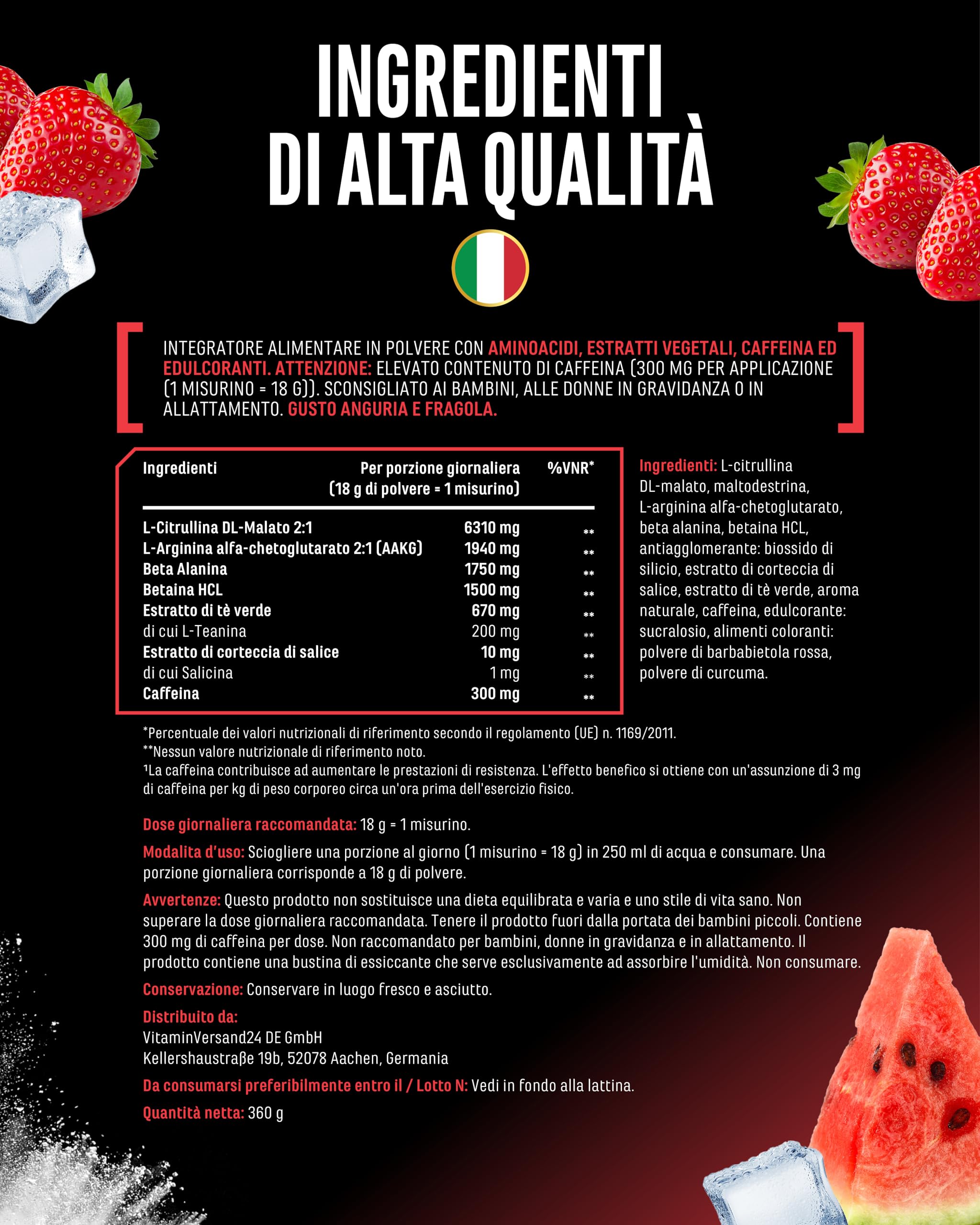 LIMITBREAKER® Pre Workout Booster con 300 mg di Caffeina - Gusto Fragola Anguria - con L Citrullina, AAKG, Beta Alanina e L Teanina - Alto Dosaggio - 360 g di Polvere 20 Porzioni - Vegano
