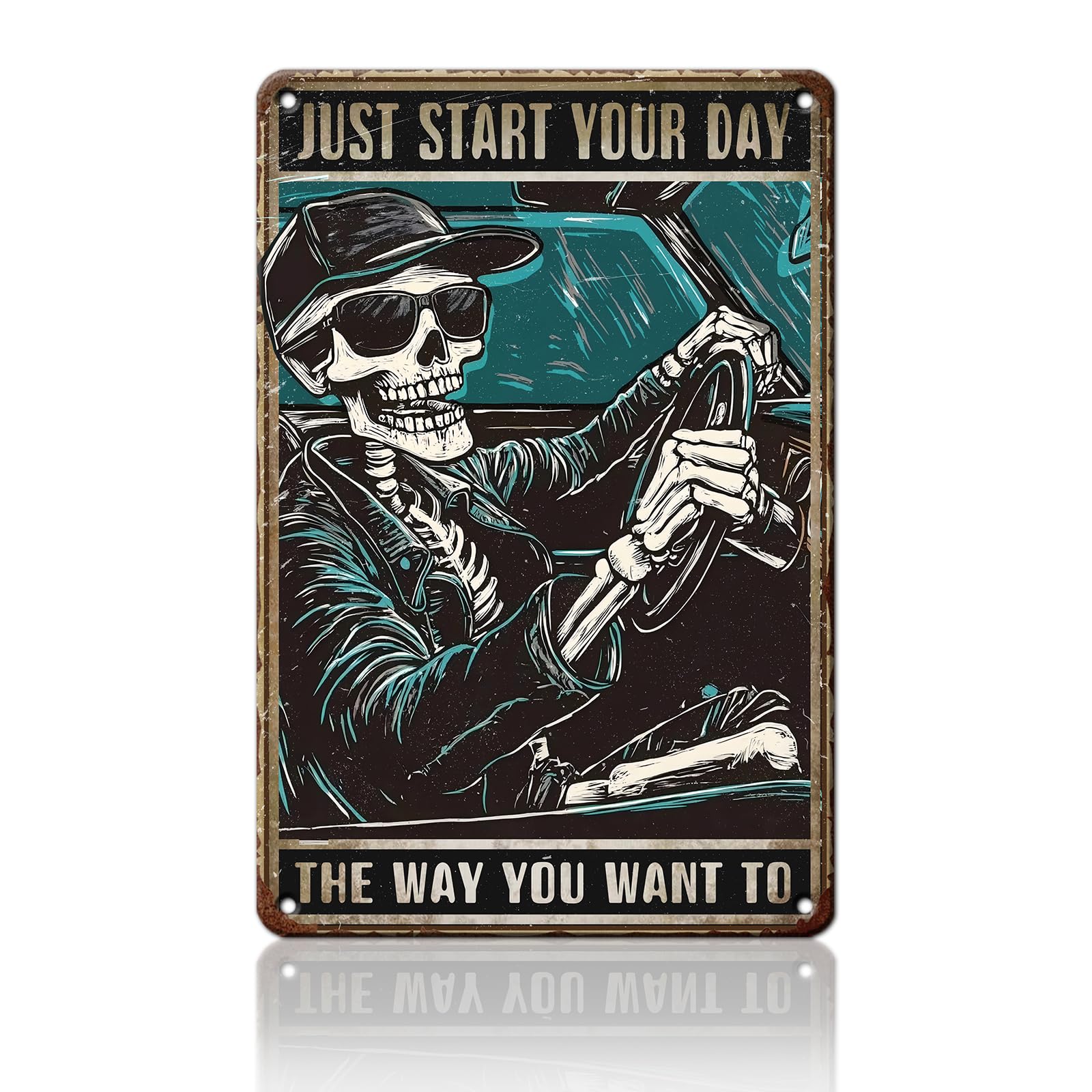 Anceky Just Start Your Day The Way You Want To Skull Metal Sign Retro Tin Sign Funny Wall Decor for Farmhouse Home Entryway Window Yard 12×16 Inch
