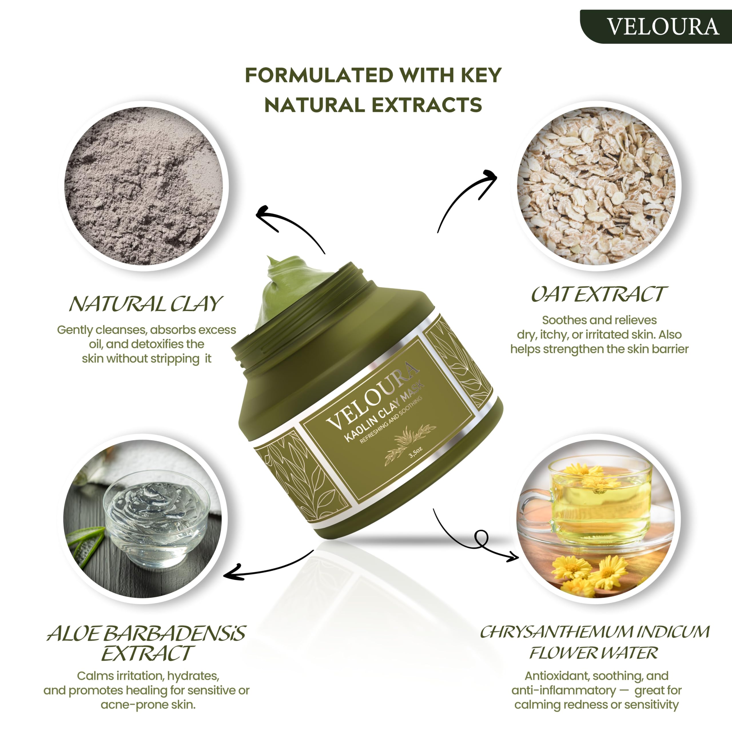 Green Tea Clay Face Mask for Men and Women by Veloura, Deep Cleansing and Hydrating Skincare with Niacinamide, Aloe Vera - Image 4