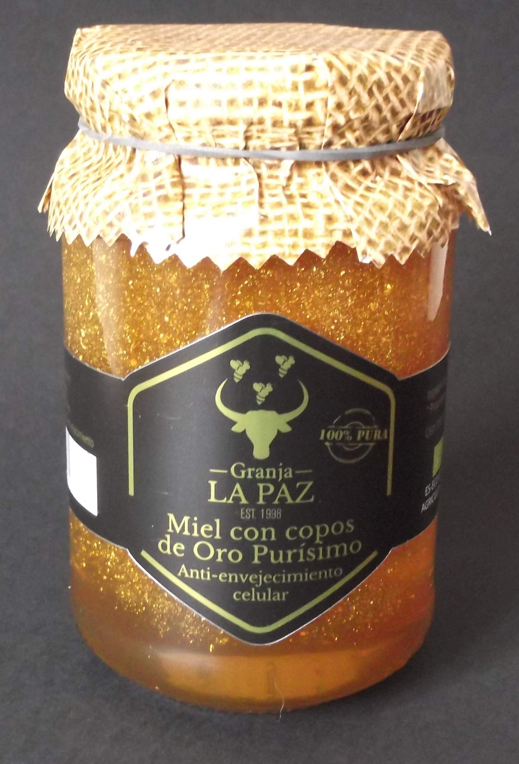 Miel orgánica con Puro Oro 24k "Granja La Paz" 500 gr. 100% española