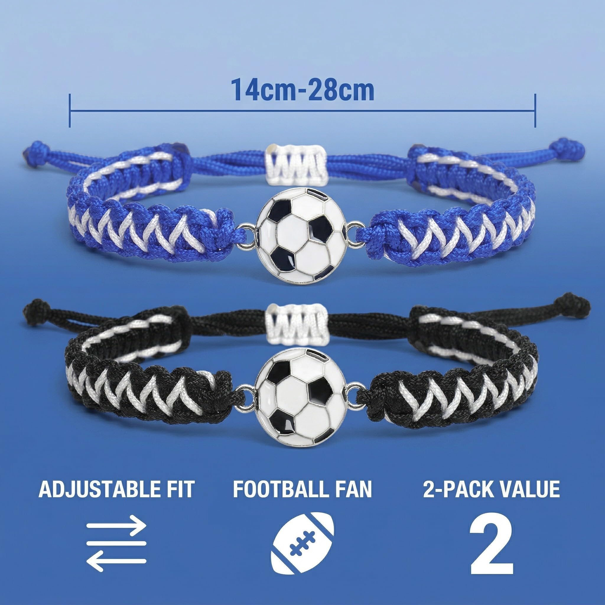 Lot de 2 Bracelets Football Tressés pour Garçon et Enfant, Bracelet d'Amitié Sport Ajustable (14-28cm), Idée Cadeau Anniversaire Footballeur et Supporter, Noir/Blanc et Bleu/Blanc