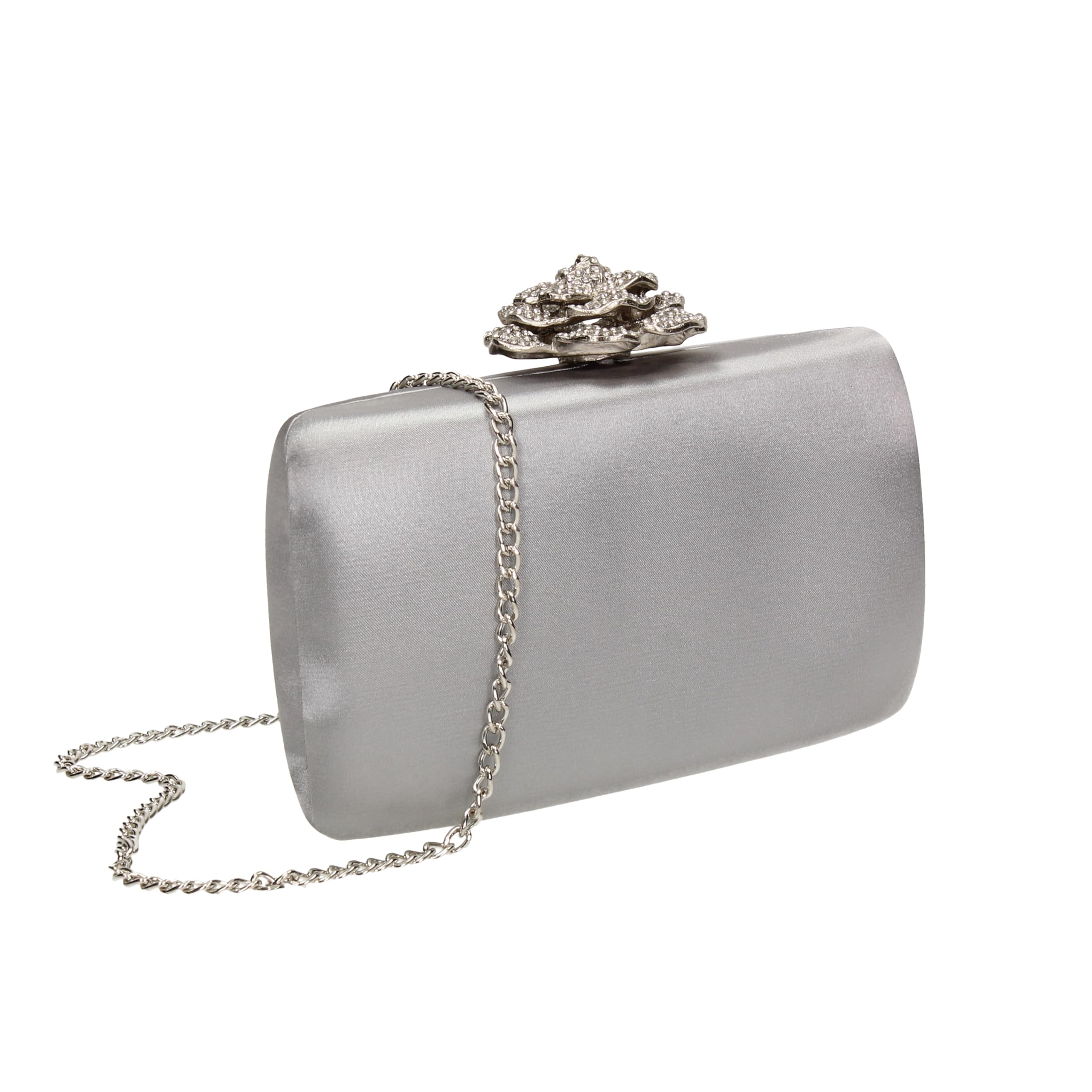 SwankySwans Rosie Satin Hard Case Party Clutch Bag, Silver