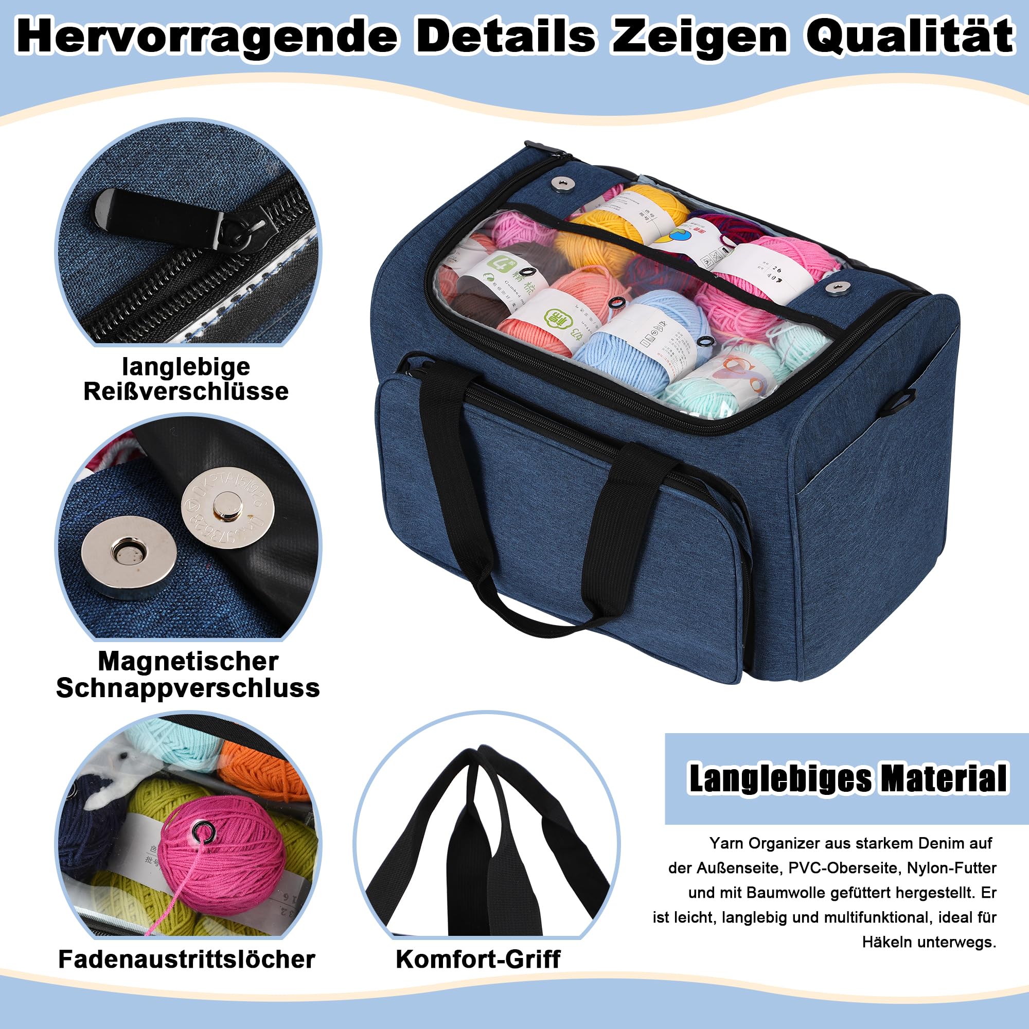 JOZEA Garn Stricken Lagerung Tote-große Kapazität häkeln Veranstalter tragbare Reisetasche mit Schultergurt häkeln Haken Fall für unfertige Bulk-Projekt（Blue