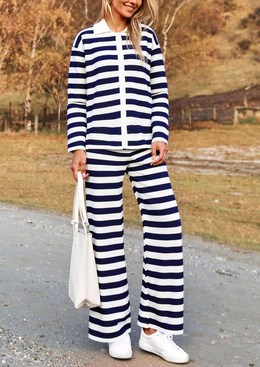 DERAX Women's 2 Piece Outfits Striped Long Sleeve Tops Shirt Lounge Sets Wide Leg Pants 2026 Spring Matching Set - Image 4