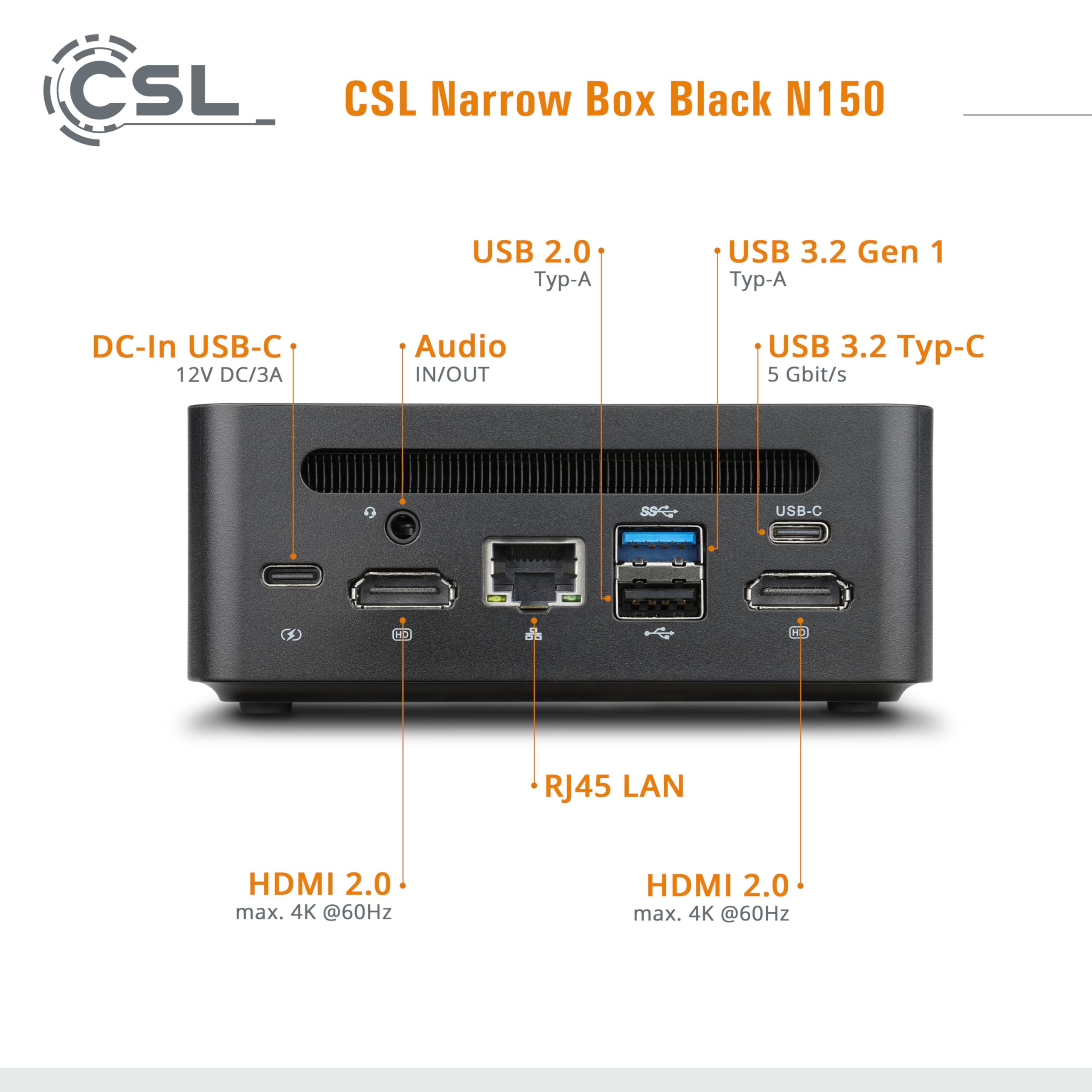 Mini PC CSL Narrow Box Black Windows 11 Home, Intel N150 4X 3600 MHz Turbotakt, 500 GB M.2 SSD, 16 GB DDR4-RAM, Intel UHD Grafik, HDMI 2, USB 3.2, BT 5.2, AX WLAN