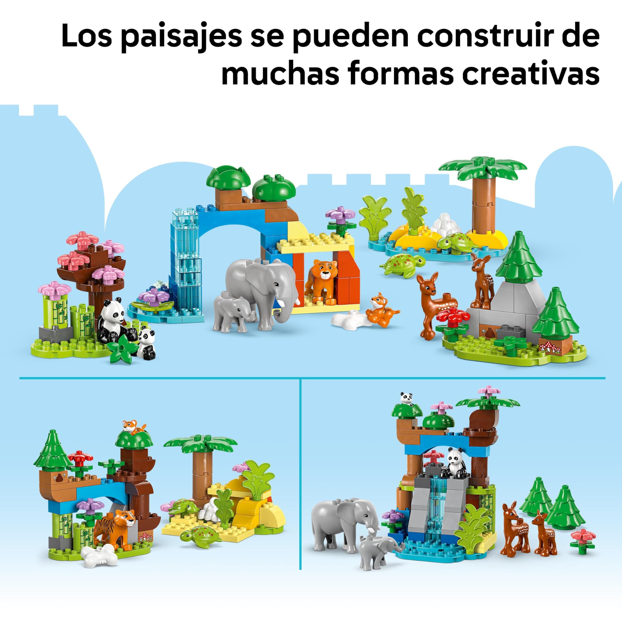 LEGO Duplo Familias de la Fauna Salvaje “3 en 1” - Juego Educativo para Niños y Niñas de 2+ Años - Figuras de Animales de Juguete Inc. Elefantes, Tortugas, Tigres, Ciervos y Pandas con Hábitats 10446