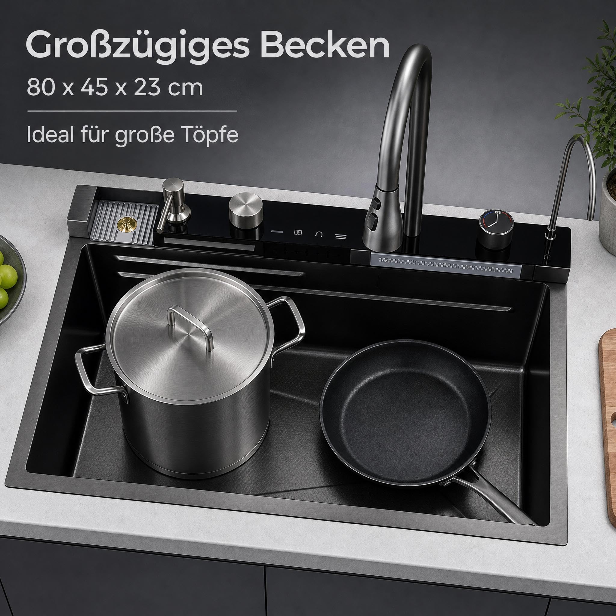 Spülbecken Schwarz 80 x 45cm Waschbecken Küche, 1 Becken Einbauspüle Edelstahl mit R-Abfluss, Nano-Oberfläche, Spülbecken mit Armatur Inkl Siphon & Über