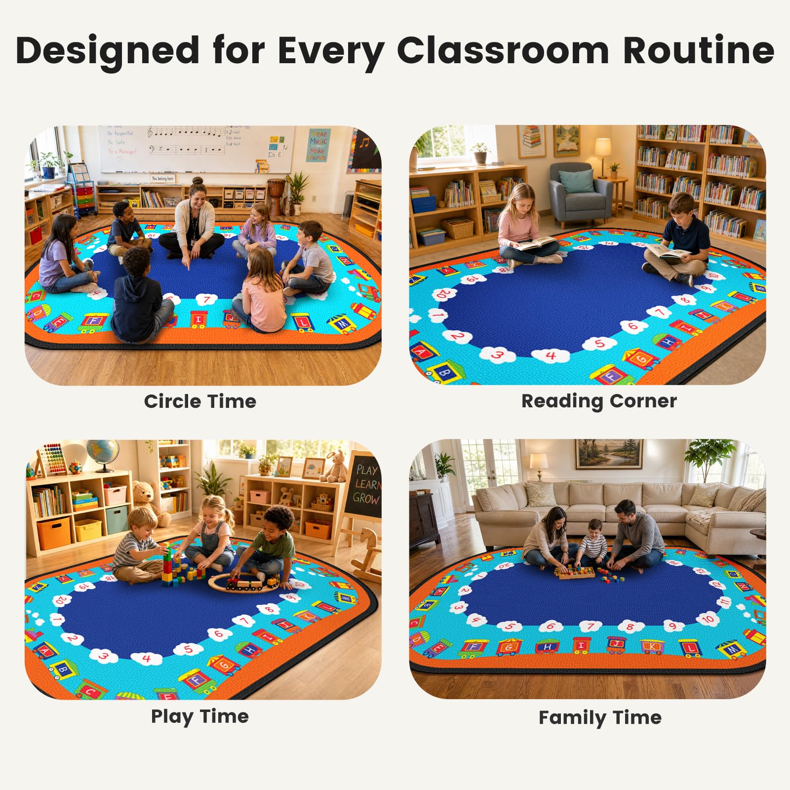 Ovaler Klassenzimmerteppich, 1,8 m x 2,4 m, pädagogischer Teppich für Kreiszeit, Alphabet und Zahlen, waschbar, schmutzabweisend, rutschfeste Unterseite für Kindergarten
