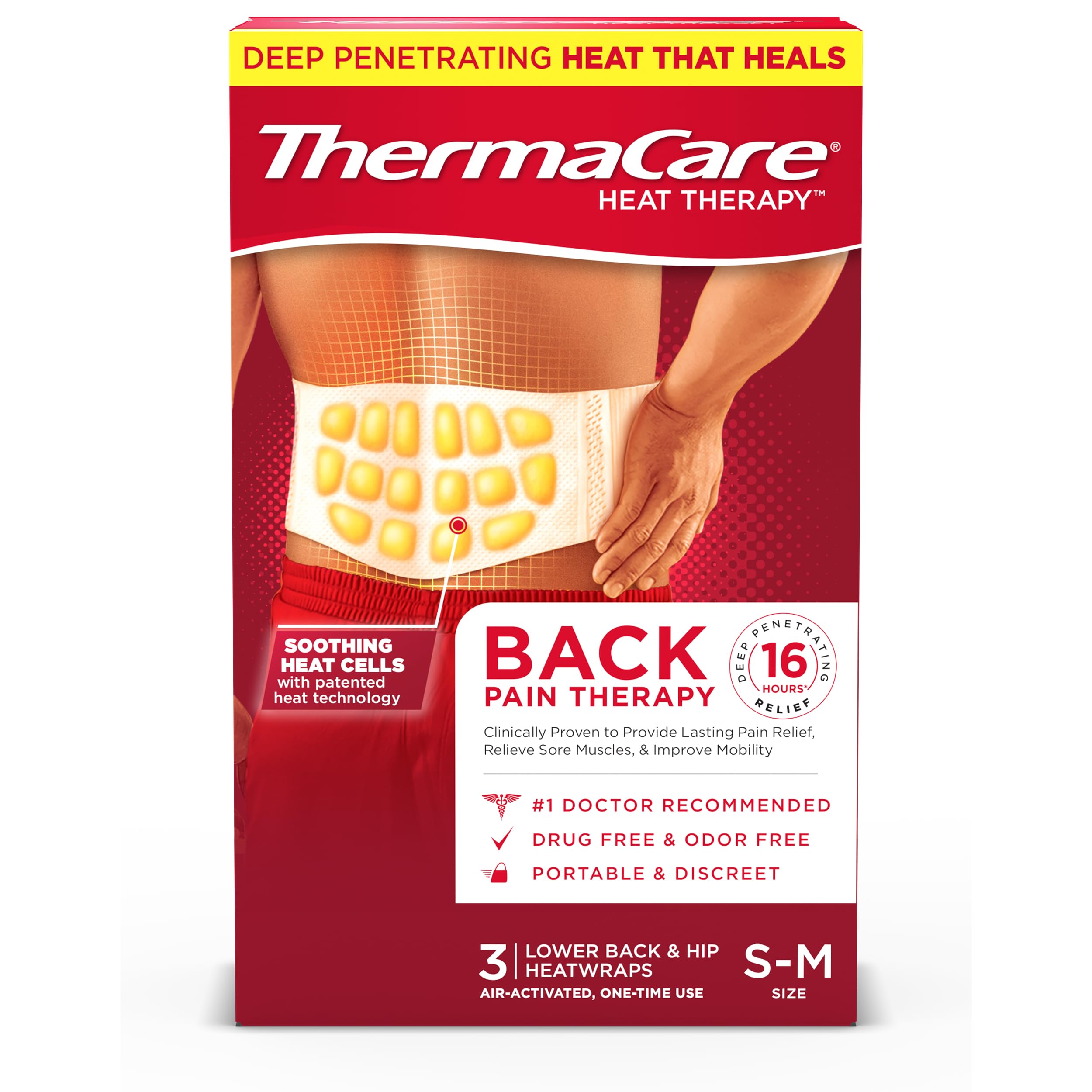 ThermaCare Advanced Back & Hip HeatWraps, Long-Lasting, Disposable Heat Therapy for Lower Back Pain, Muscle Soreness, & Herniated Discs, Drug-Free (S-M, Pack of 3)