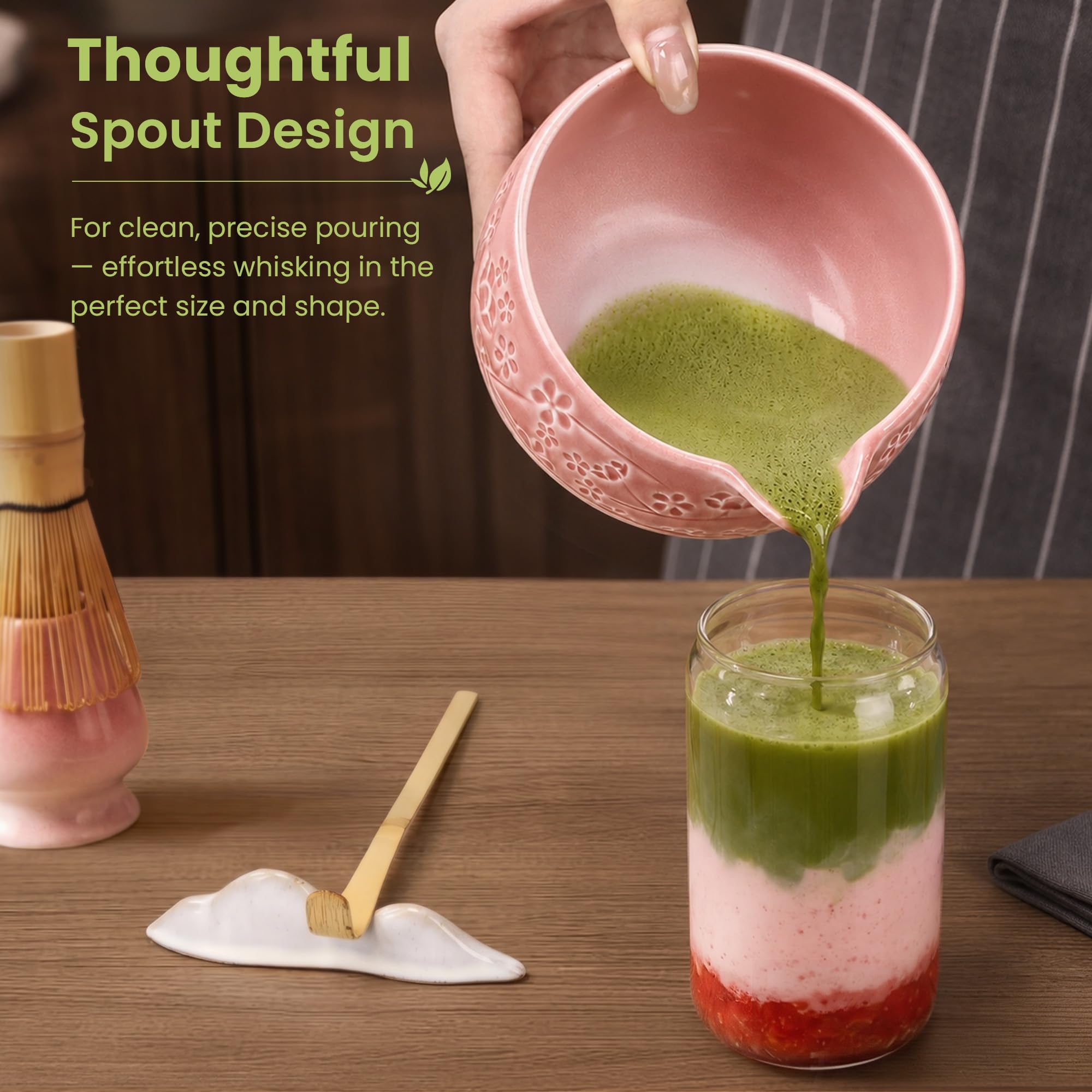 Zestaw do matcha w kolorze różowym, 7-sztuk bambusową miotełką i uchwytem, ceramiczną miseczką matcha oraz inne akcesoria, japoński zestaw do ceremonii parzenia herbaty dla początkujących