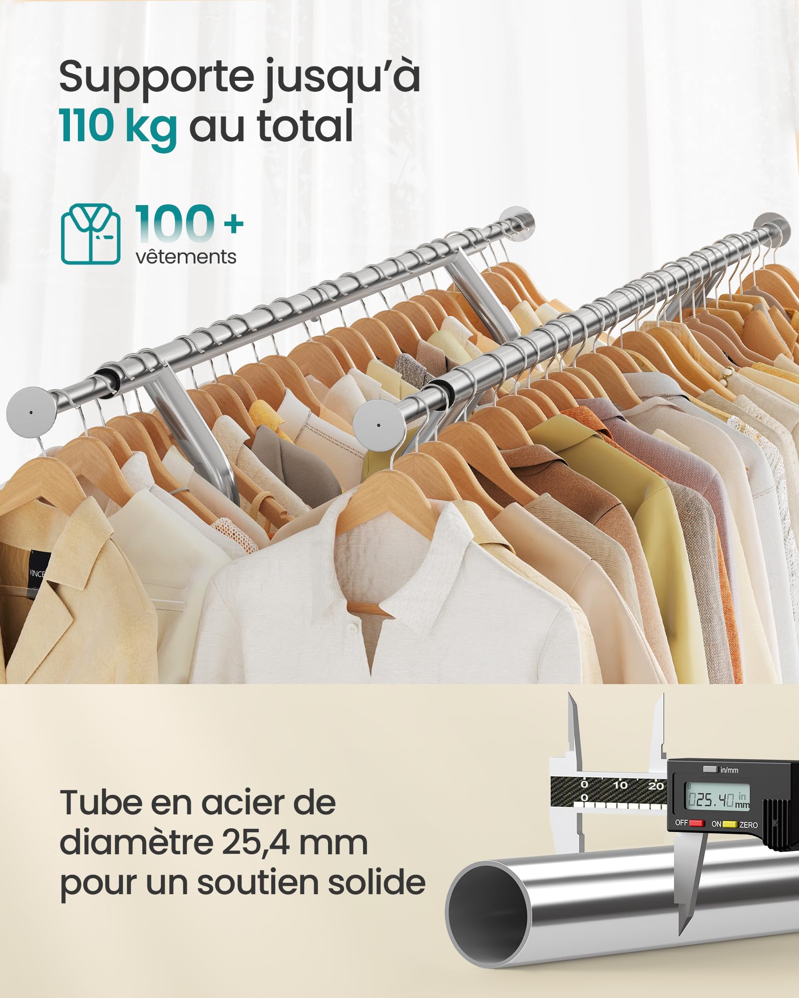 SONGMICS Portant à vêtements, Penderie métallique, Charge Max,110 kg, Double Barres Extensibles, Hauteur réglable, Mobile, avec roulettes, Mètal chromé HSR12S