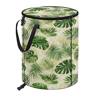 Collapsible Trash Can, 24 Gallons Camping Trash Can with Zippered Lid and Handle, Reusable Garbage Can for Outdoor Yard Waste Bags, Green Monstera