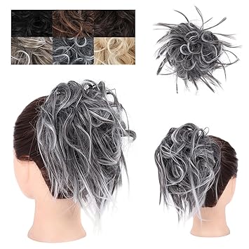 ELAINE Tousled Updo Hair Buns Hair Piece Messy Scrunchies Extension Ponytail with Elastic Rubber Band Mix Curly and Straight Synthetic Hairpieces for Women Girls (Tousled Updo Bun, Natural Black Tip Gray -#113)