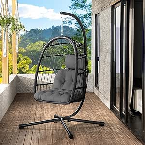 LeveLeve Egg Chair with Stand, Patio Rattan Wicker Hanging Swing Egg Chair Hammock Chair for Bedroom, Porch, Garden, Grey