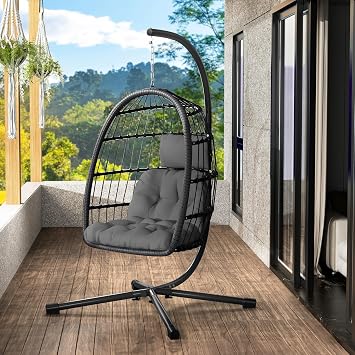 LEVELEVE Hanging Egg Chair with Stand, Patio Rattan Wicker Swing Chair, Oversized Hammock Seat for Bedroom Porch Garden, Thickened Steel Frame & UV Resistant Cushion, 350LBS CapacityGrey