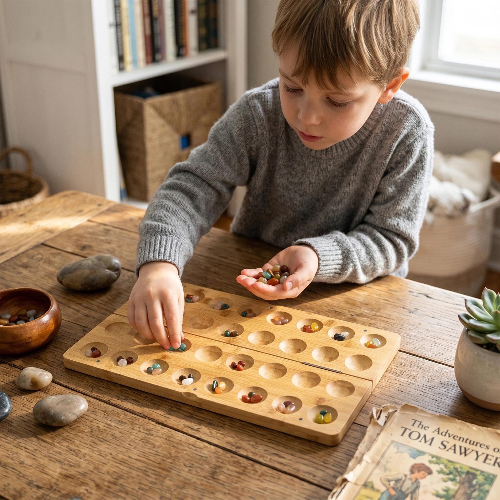 Classic Steinchenspiel Kalaha Spiel Diamant Spiel aus Holz mit 65 Edelsteinen Edelsteinspiel Faltbare Strategiespiele Bohnenspiel für Kinder Erwachsene Strategiespiel Geschenk
