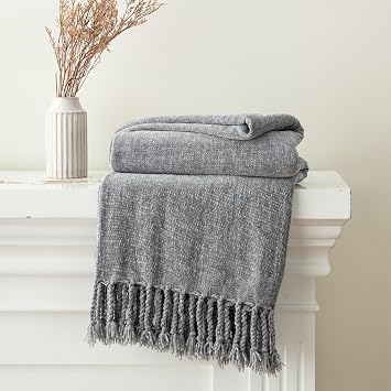 BATTILO HOME Light Gray Chenille Throw Blanket for Couch, Soft Cozy Textured Knit Throw Blanket with Handmade Fringe Tassels, Lightweight Decorative Farmhouse Blanket for Sofa Bed Chair, 50"x60"