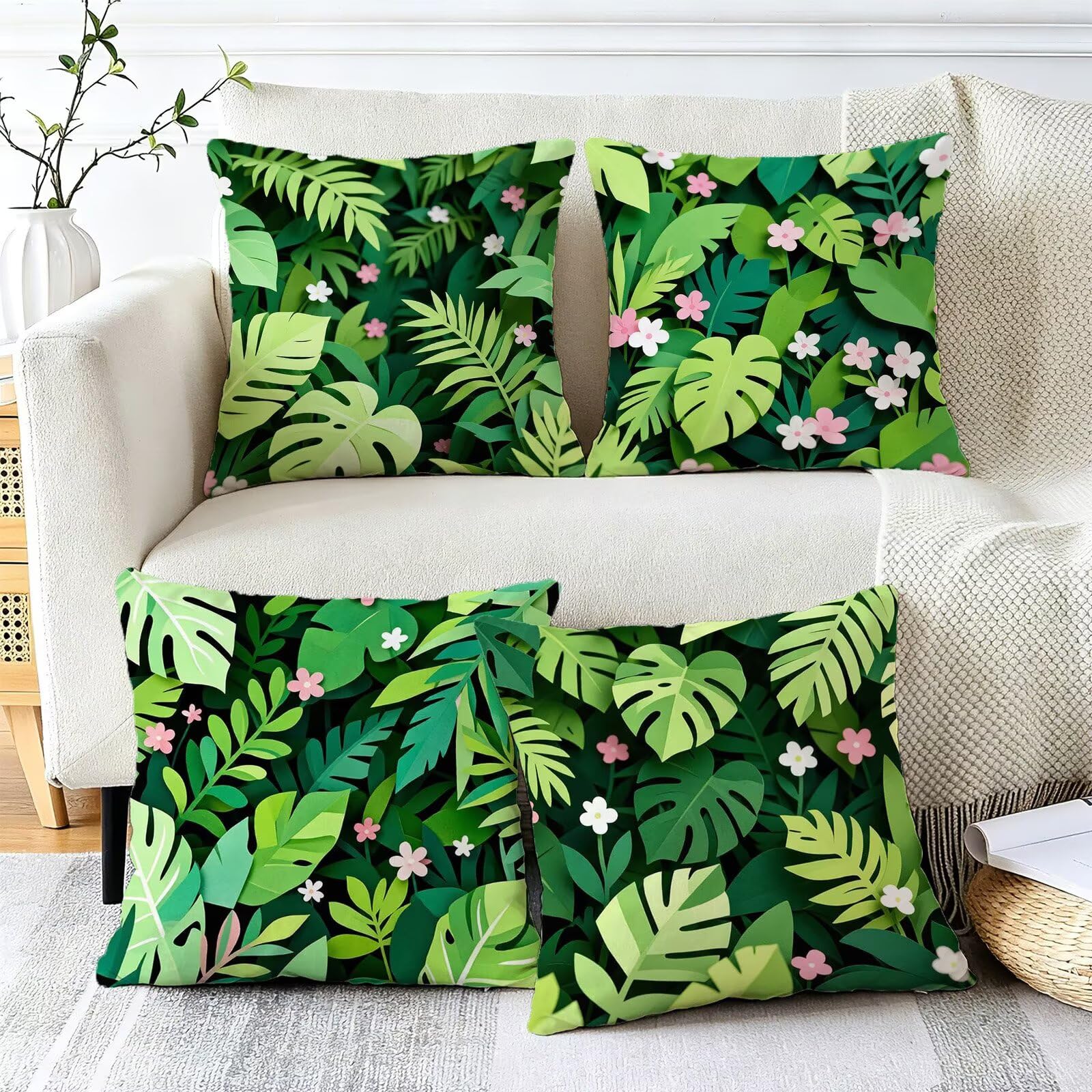 Verde Federe Cuscini Divano 40x40cm, Cuscini da Esterno Set de 4, Cod-115 | Velour Copricuscini Decorativi Letto Arredo, per Letto, Soggiorno, Giardino, Esterno, Casa Decorazione Set di 4 Pianta