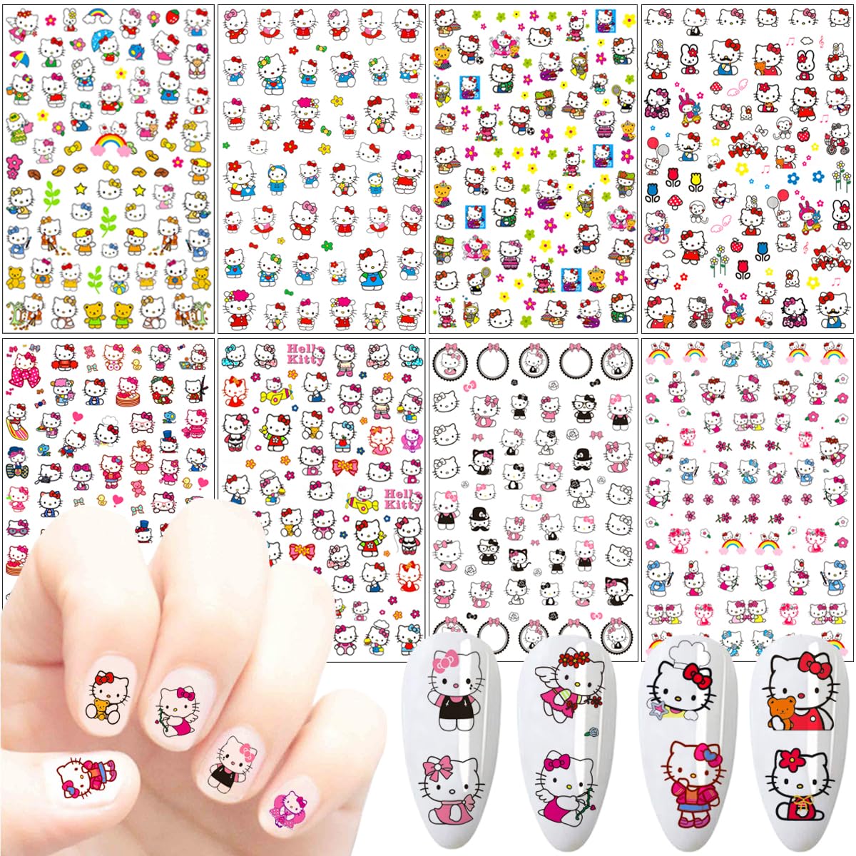 8 Sheets Cartoon Nail Stickers - 3D Self-Adhesive Nail Decals for Women - Cute Cartoon Manicure Decoration Accessories