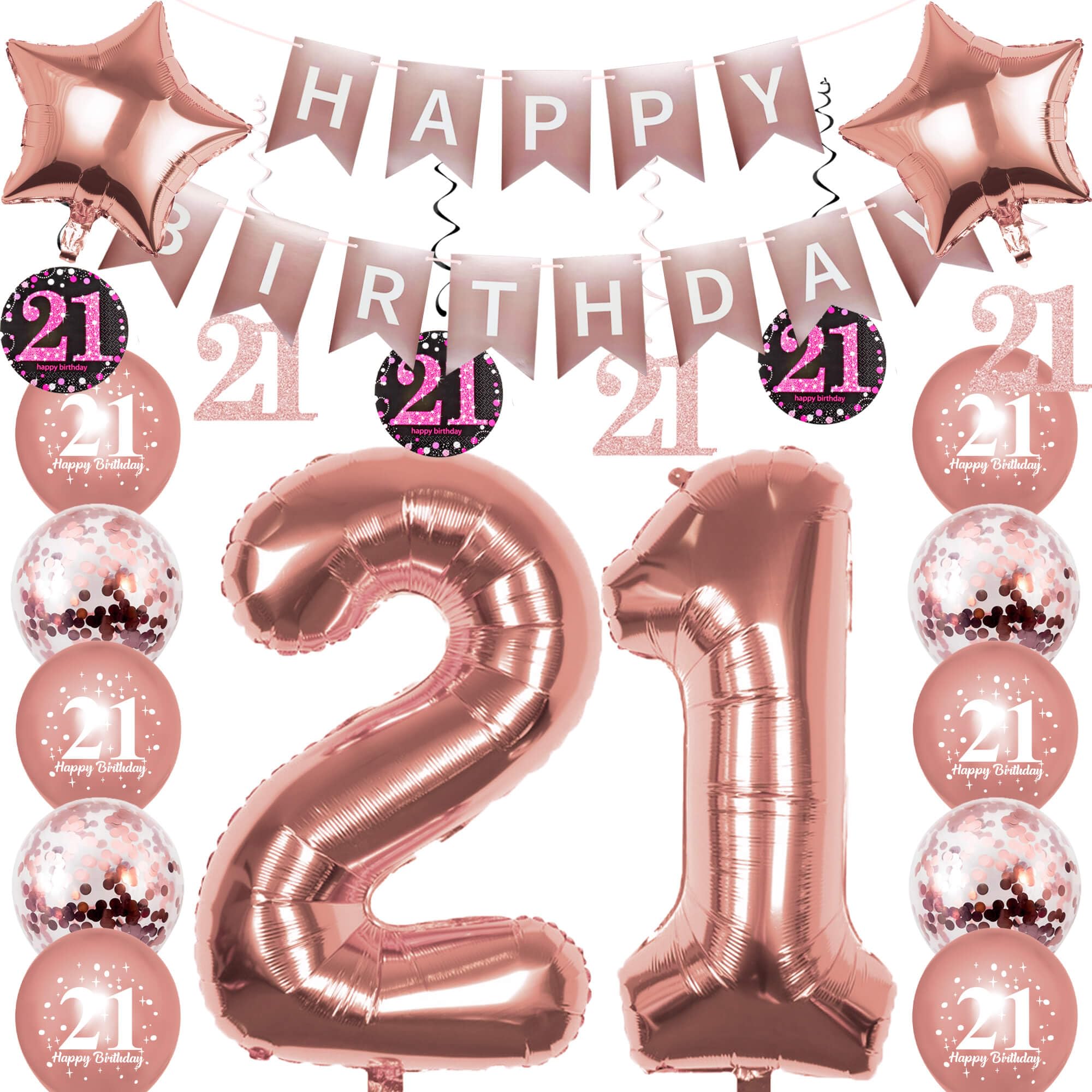 Pargleev Rose Gold 21st Birthday Decorations Kit for Teens, Includes 32 Inch Number 21 Foil Balloon, Swirl Decorations, Happy Birthday Banner, Star