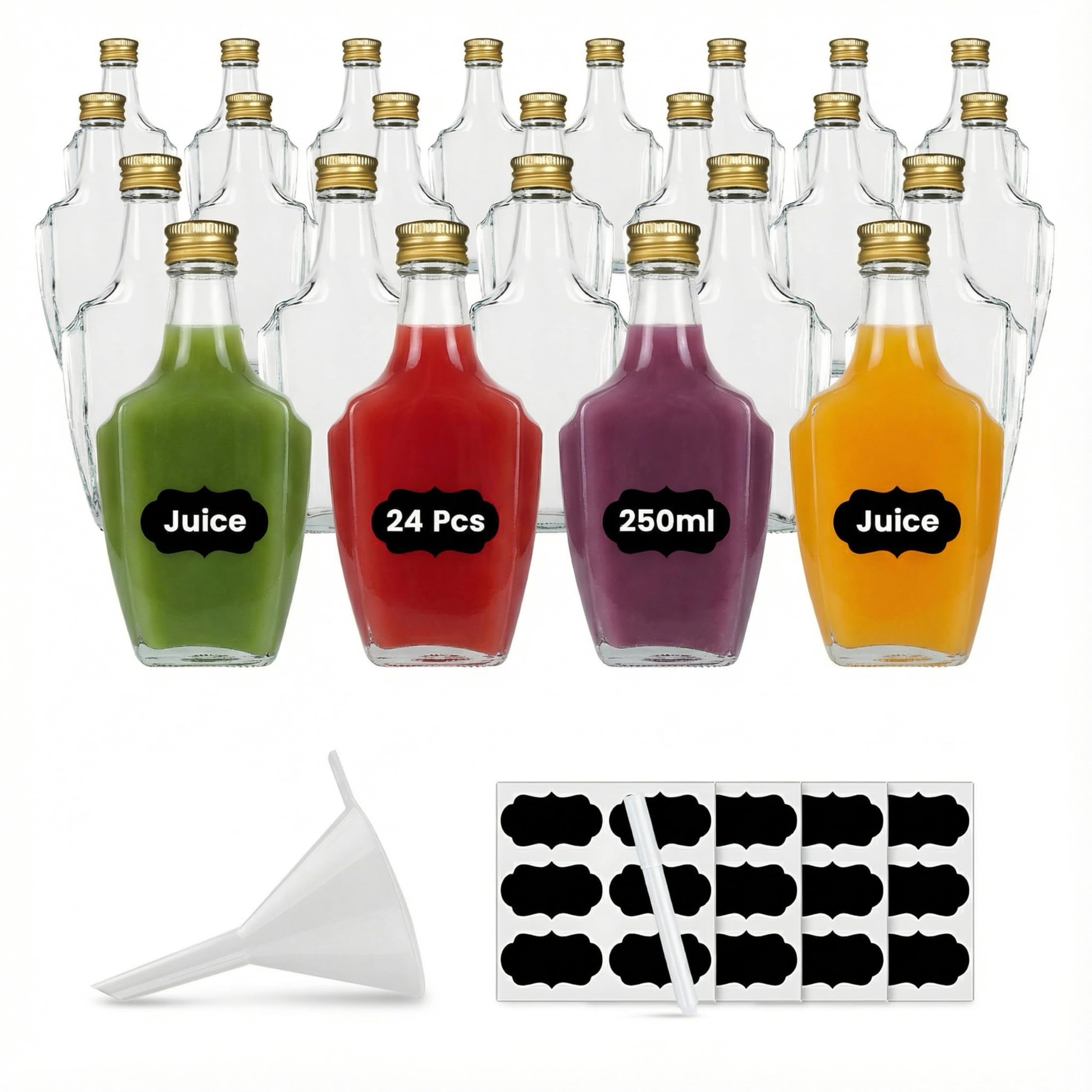lotto di 24 bottiglie di vetro vuote da 250 ml con tappo a vite, bottiglie per vino, smoothie, acquavite, aceto, olio