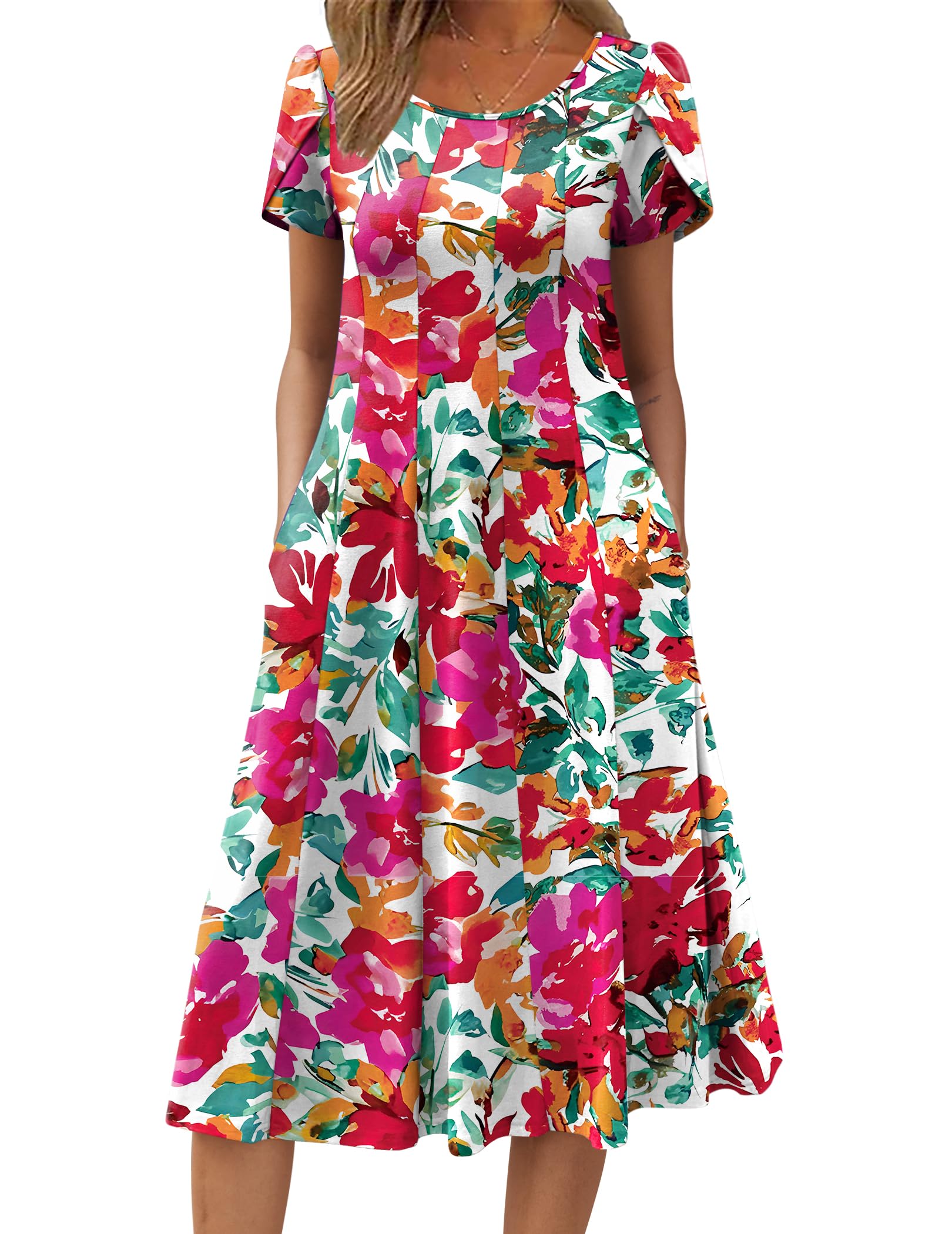 Zeagoo Womens Summer Short Sleeve Dress Trendy 2025 A-Line Midi Dresses Casual Floral T-Shirt Dress with Pockets