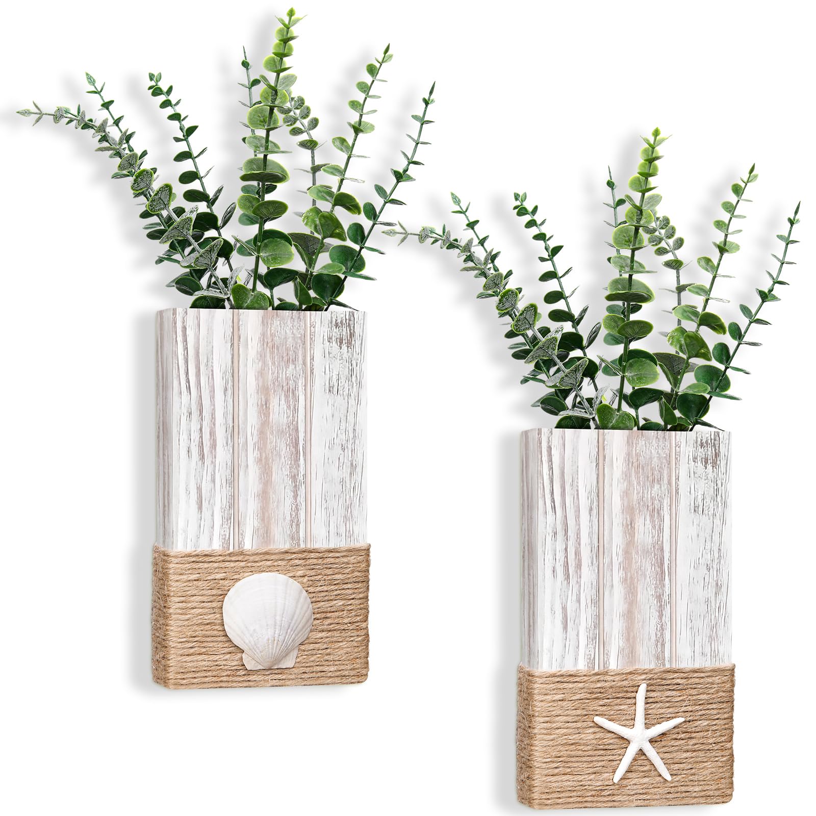Photo 1 of AceOrbit 2 Pcs Beach Rustic Wood Wall Planter Vase Beach Room Decor Nautical Coastal Farmhouse Wall Hanging Decor Pocket Planter for Home Living Room Office Decoration Excluding Plant (Seashell,White)