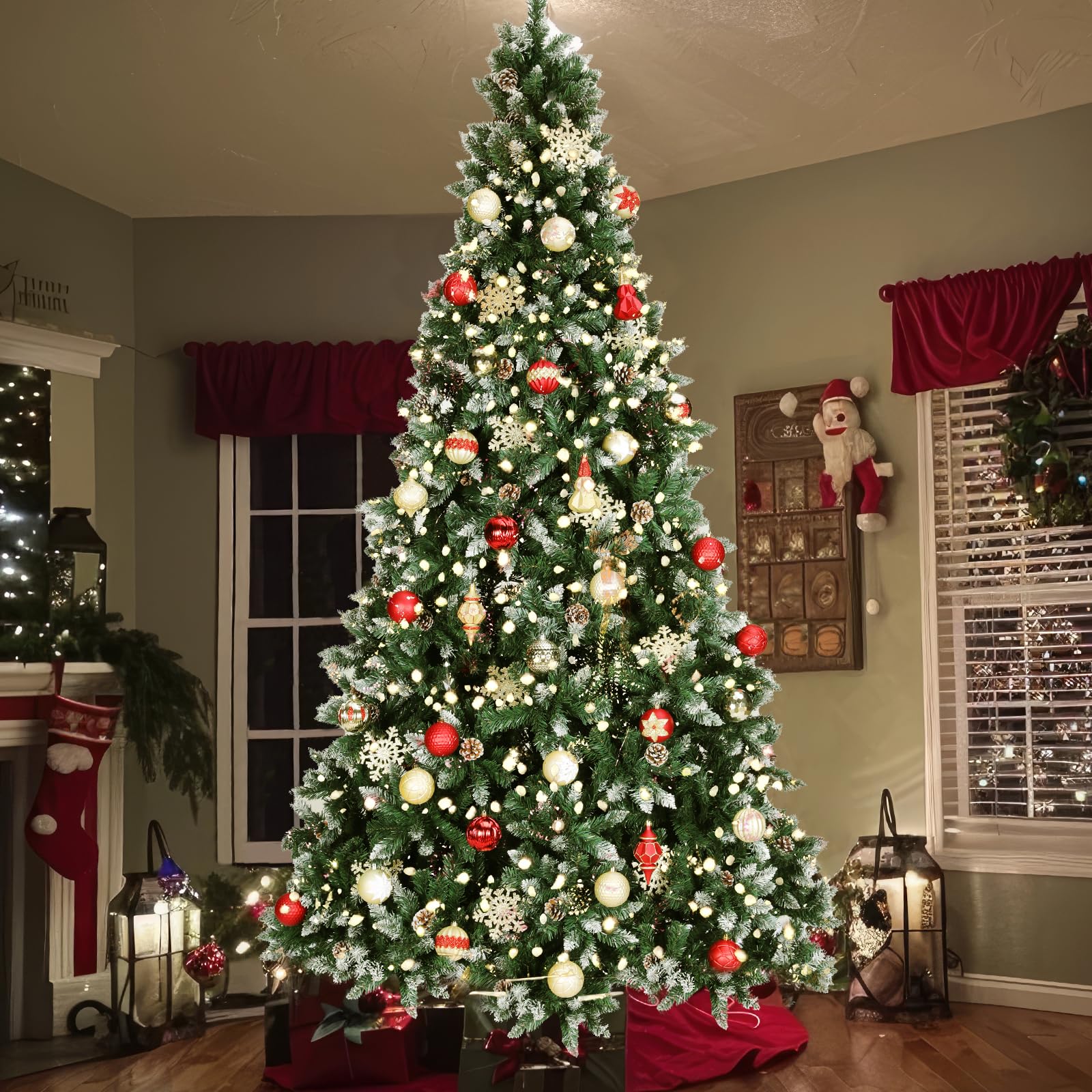 LIFERUN 180cm Árbol de Navidad Nevado, Abeto Nordmann Premium, Ramas Densas y Realistas, Arbol de Navidad Artificial con 32PCS Piñas, Soporte de Madera, 1092 Puntas de Rama, Fácil Montaje, Ignífugo