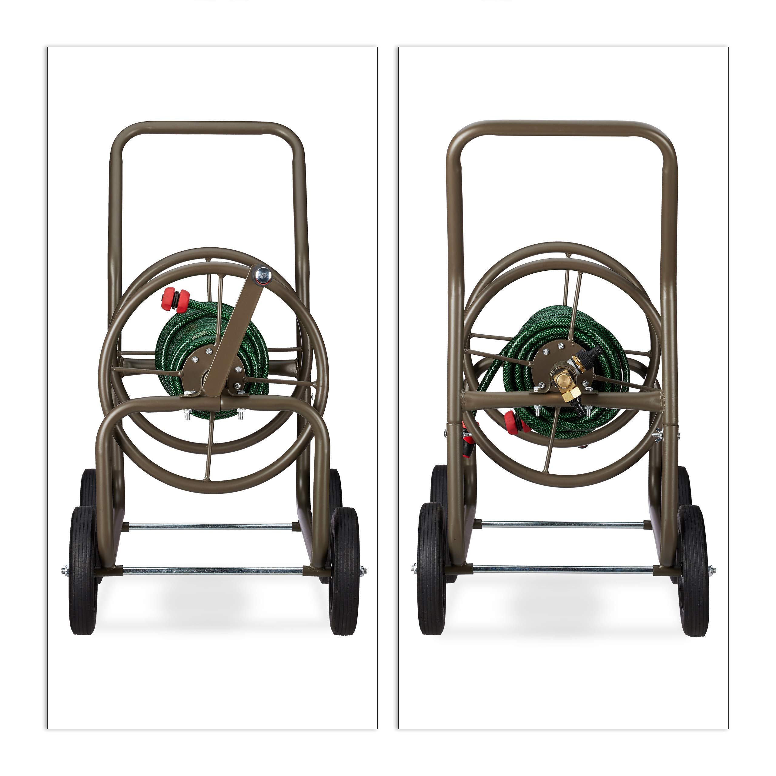 Relaxdays Chariot pour tuyau XL, tambour mobile métallique, pour tuyau de 60 m, enroulement à 90 °, avec des roues, brun