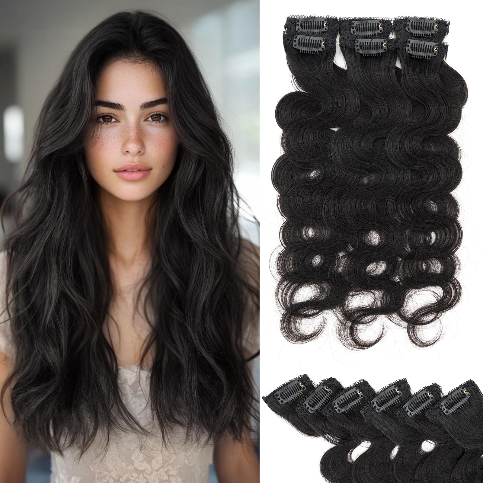 Photo 1 of Rich Choices Clip In Hair Extension Real Human Hair-Wave/Curly 6 Pcs Single Clip Hairs Extension for Women-Invisible Mini Clips in Hairpieces for Thin Hairs-18 Inch #1B Natural Black