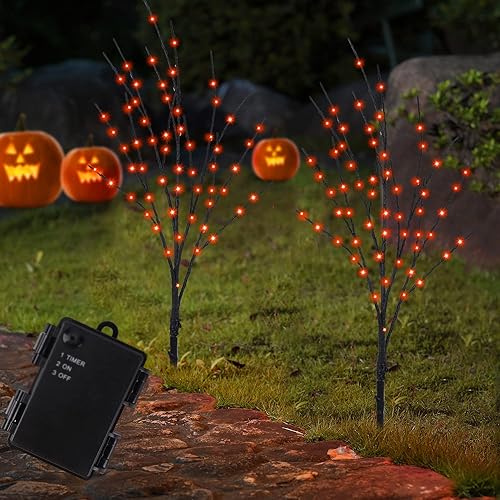 Ramas de árbol artificiales iluminadas, Halloween, negras, 30 pulgadas, 100 LED, luces naranja, temporizador, opera con pilas, impermeable,