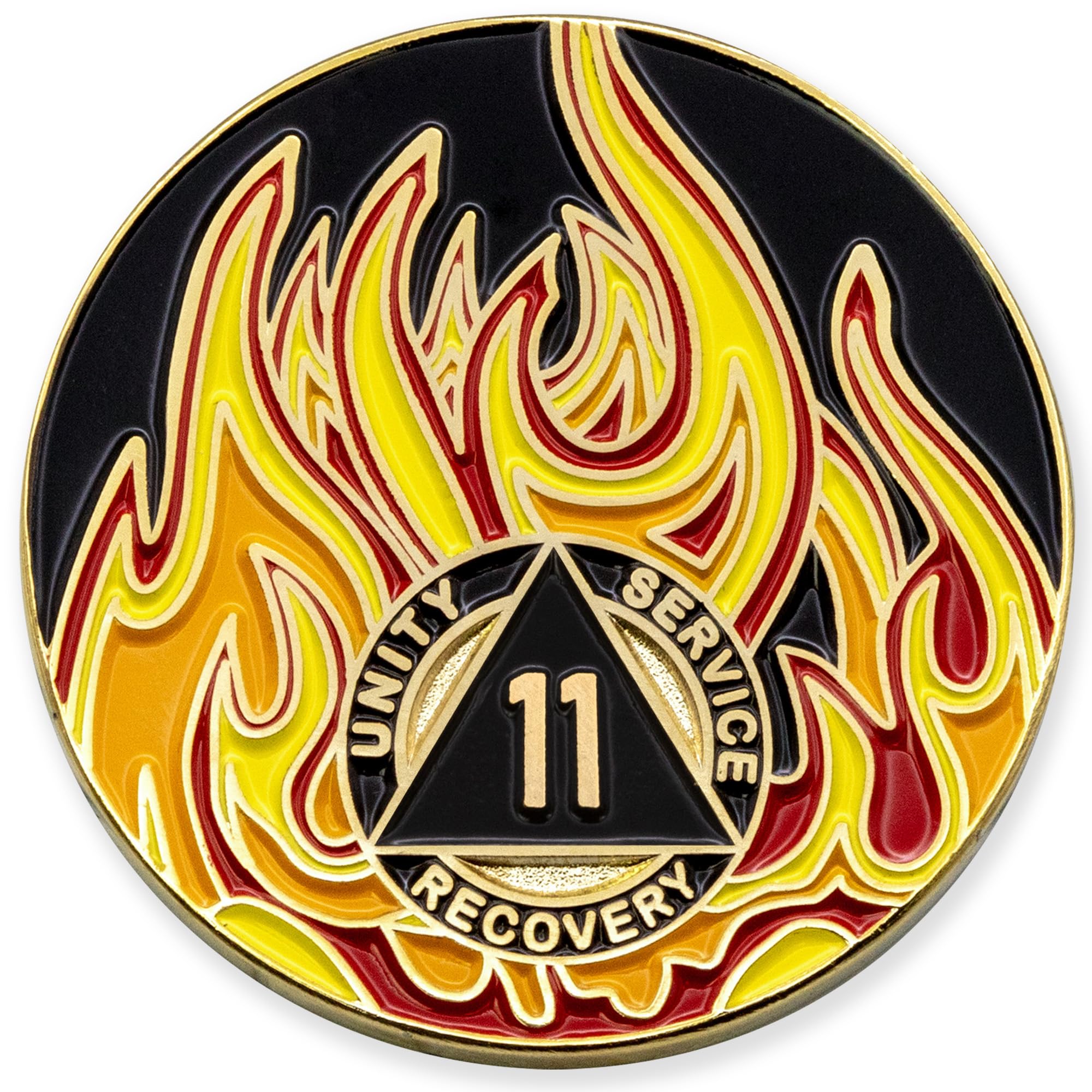 1 to 40 Year Twisted Flames Sobriety Coin - Gold Plated AA Chips & Medallions - 11 Year Sobriety Coin - Black/Red/Orange/Yellow