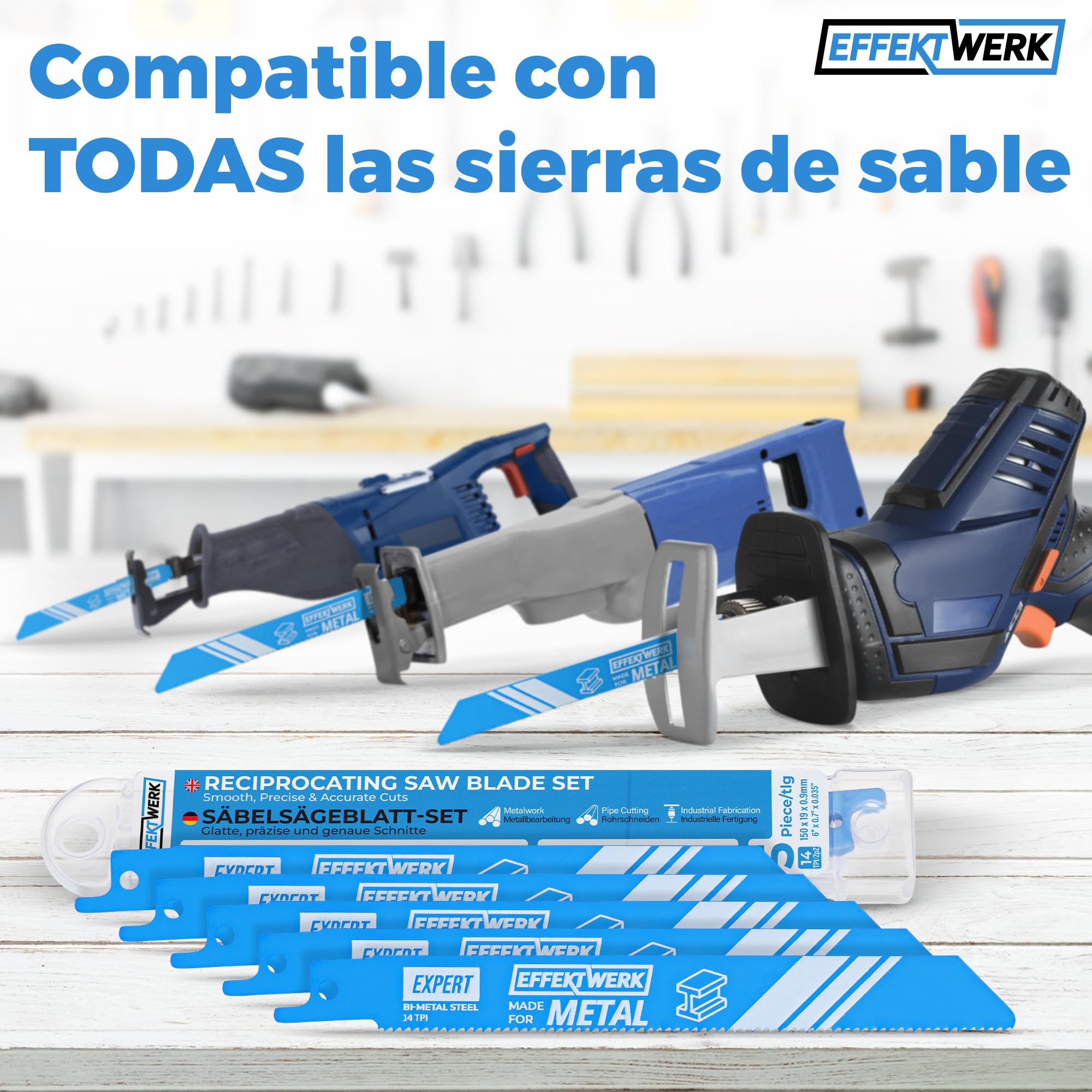 Hojas de sierra recíproca para metal - 5 piezas - Juego de hojas de sierra para cortar metal de 6"/150 mm - Hojas de sierra de acero bimetálico - 14 TPI (dientes por pulgada)