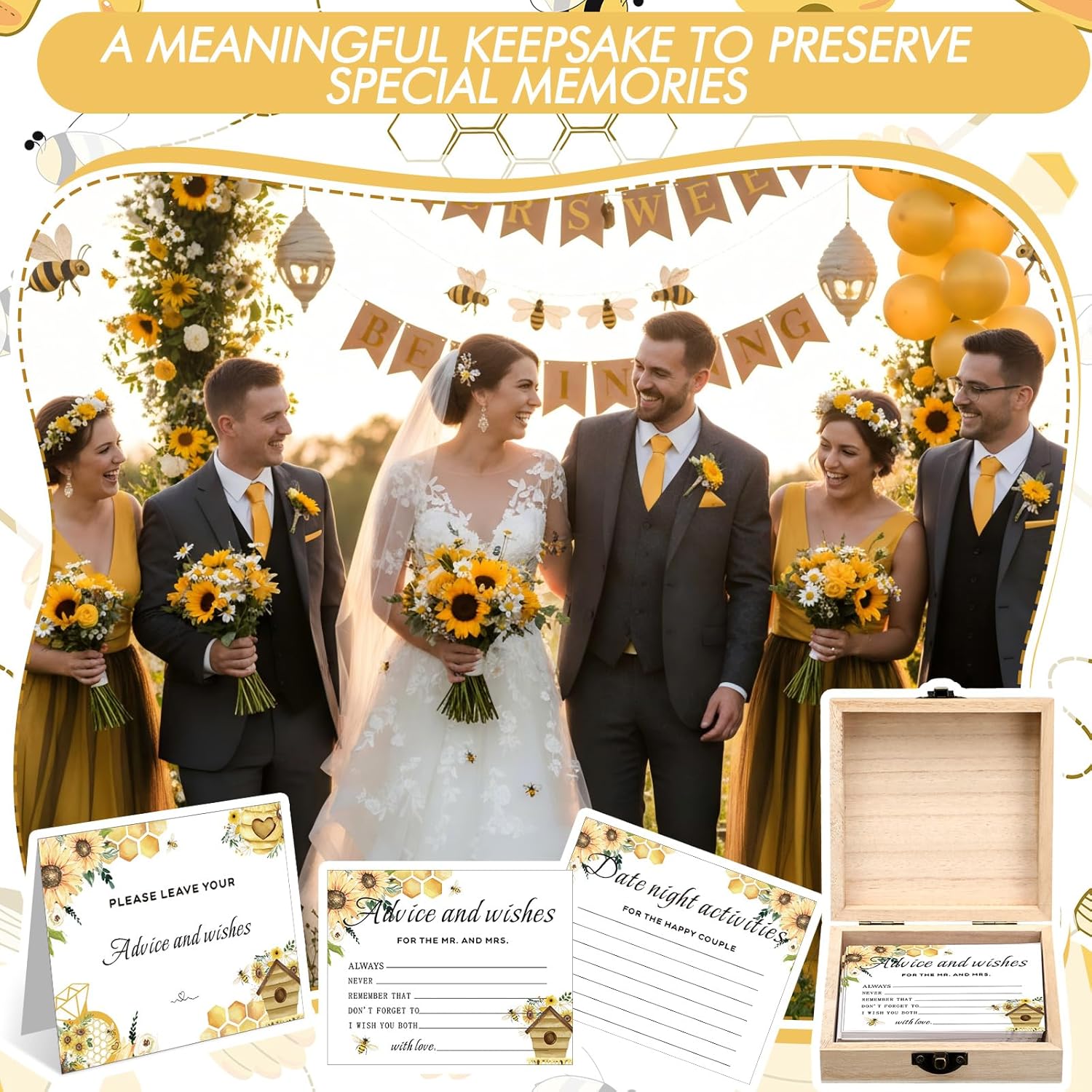 51 Pcs She Found Her Honey Wedding Advice and Wishes Cards with Wooden Box for The Mr and Mrs Bridal Shower Decorations Games for Bride Groom Reception