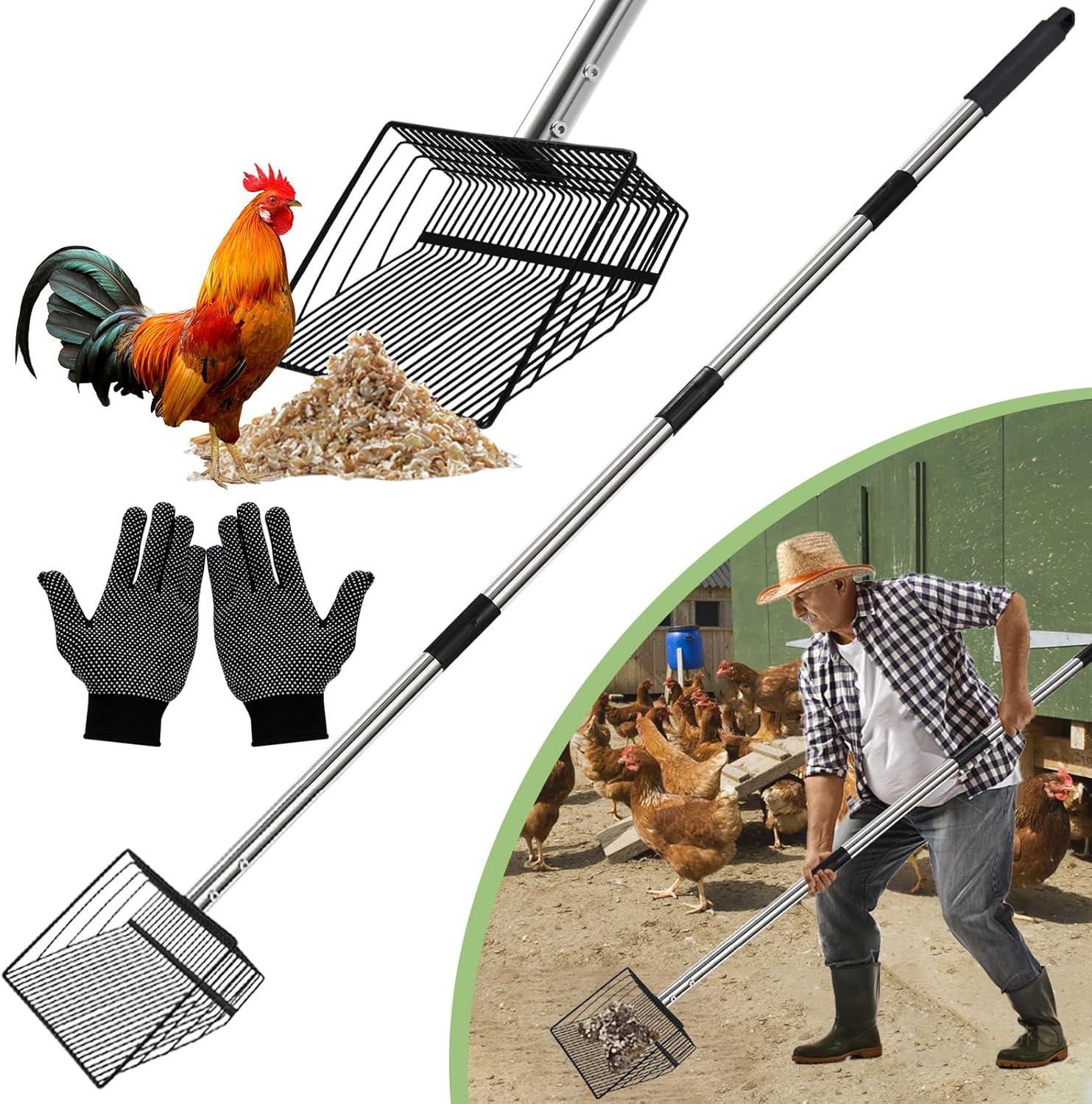 12in Massive Rooster Poop Scooper,38 to 68in Adjustable Lengthy Deal with Poop Scooper,Multifunctional Rooster Coop Cleansing Instruments,Metallic Litter Scoop,Rooster Coop Equipment,Rooster Coop Cleansing Rake