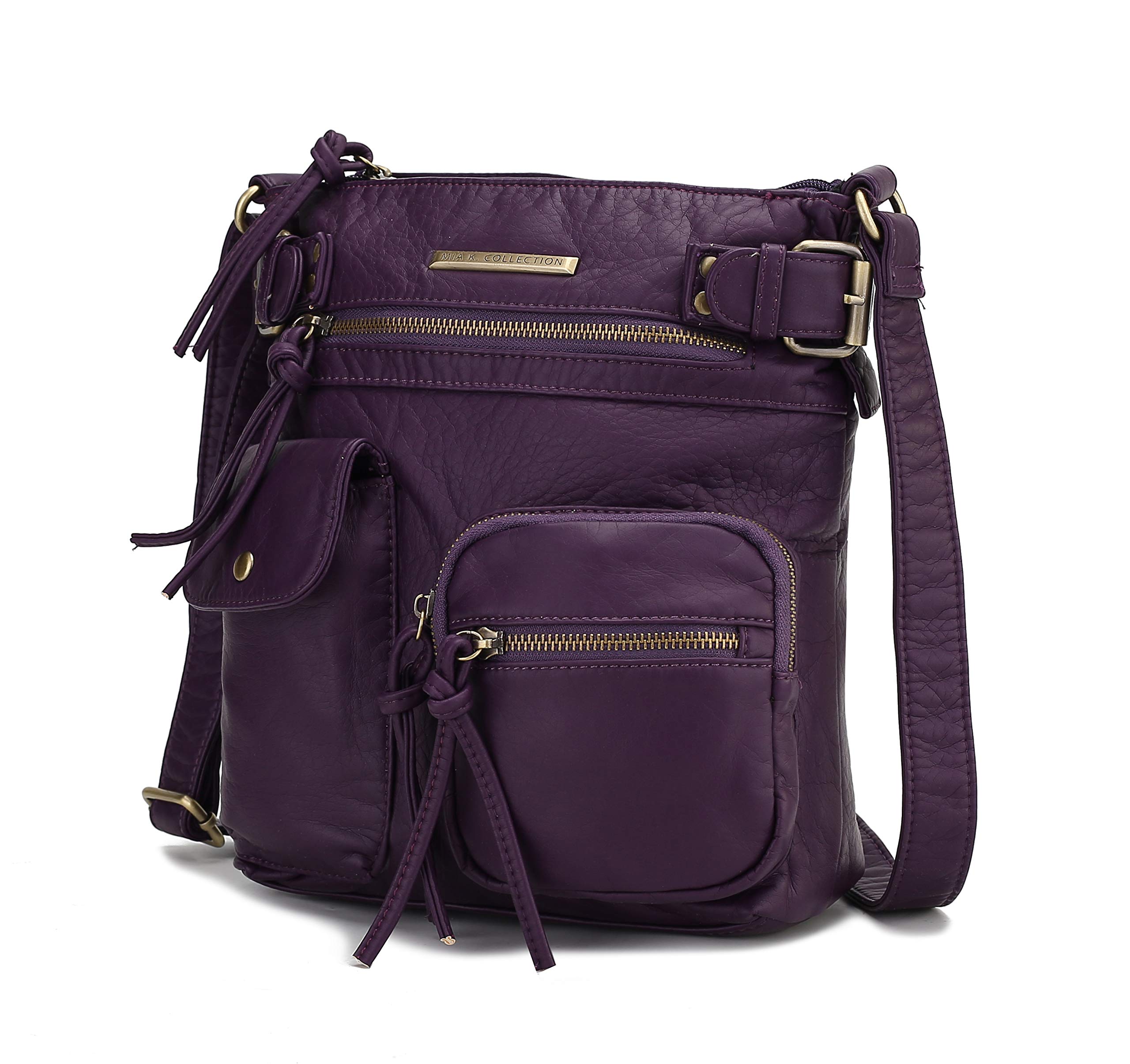 MKF Crossbody Bag for Women: PU Leather Tote Shoulder Bag, Soft Slouchy Handbag Purse, Lady Multi Pocket Pocketbook Purple