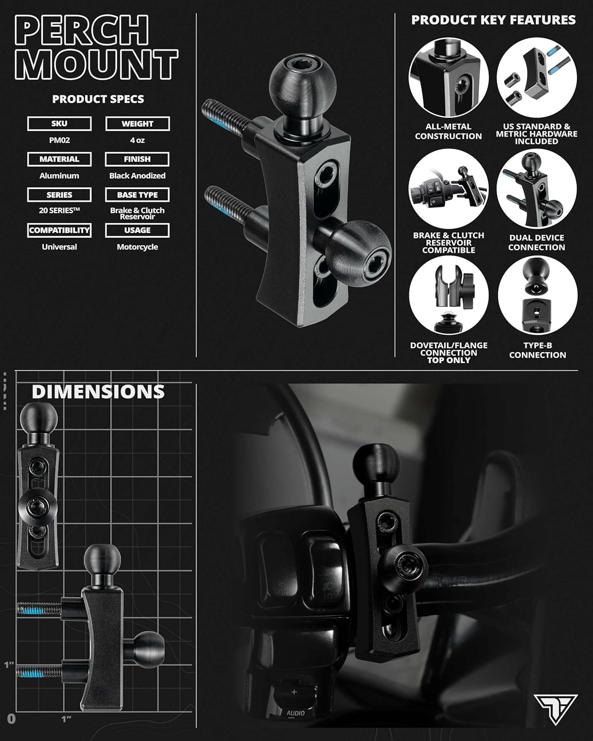 Tackform Black Motorcycle Perch/Brake/Clutch Reservoir Device Mount | Dual 20mm Balls | Aluminum | Hardware Included | Compatible with Harley-Davidson, Gold Wing, Honda, More | Various Models