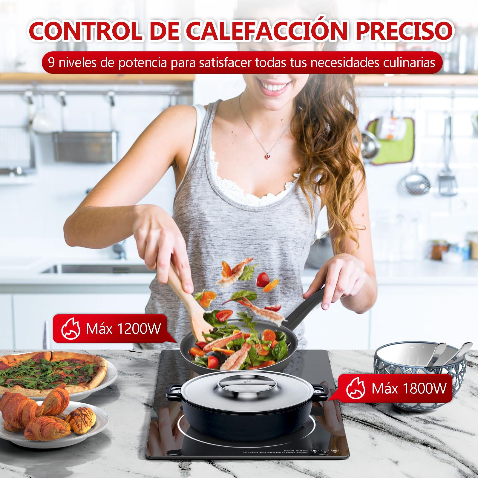 Placa Vitrocerámica 2 Zonas 3000W 30 cm, Placa Eléctrica Domino Encastrable o Portátil con Enchufe, Temporizador, Pausa, Mantener Caliente y Bloqueo Infantil, Touch-BT1